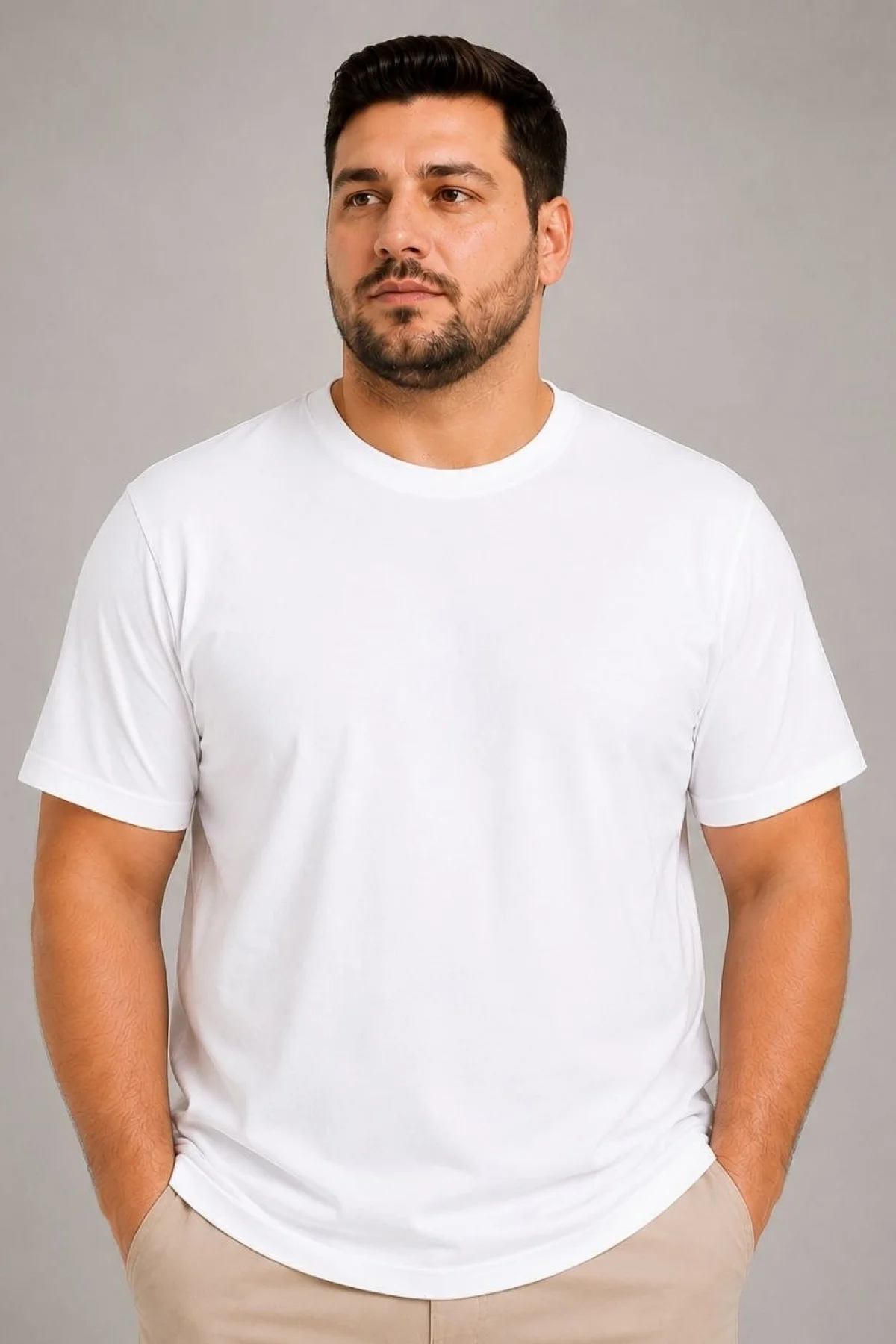 Erkek Battal Big Size Basic Tişört Bisiklet Yaka Rahat Kalıp T-Shirt - Beyaz
