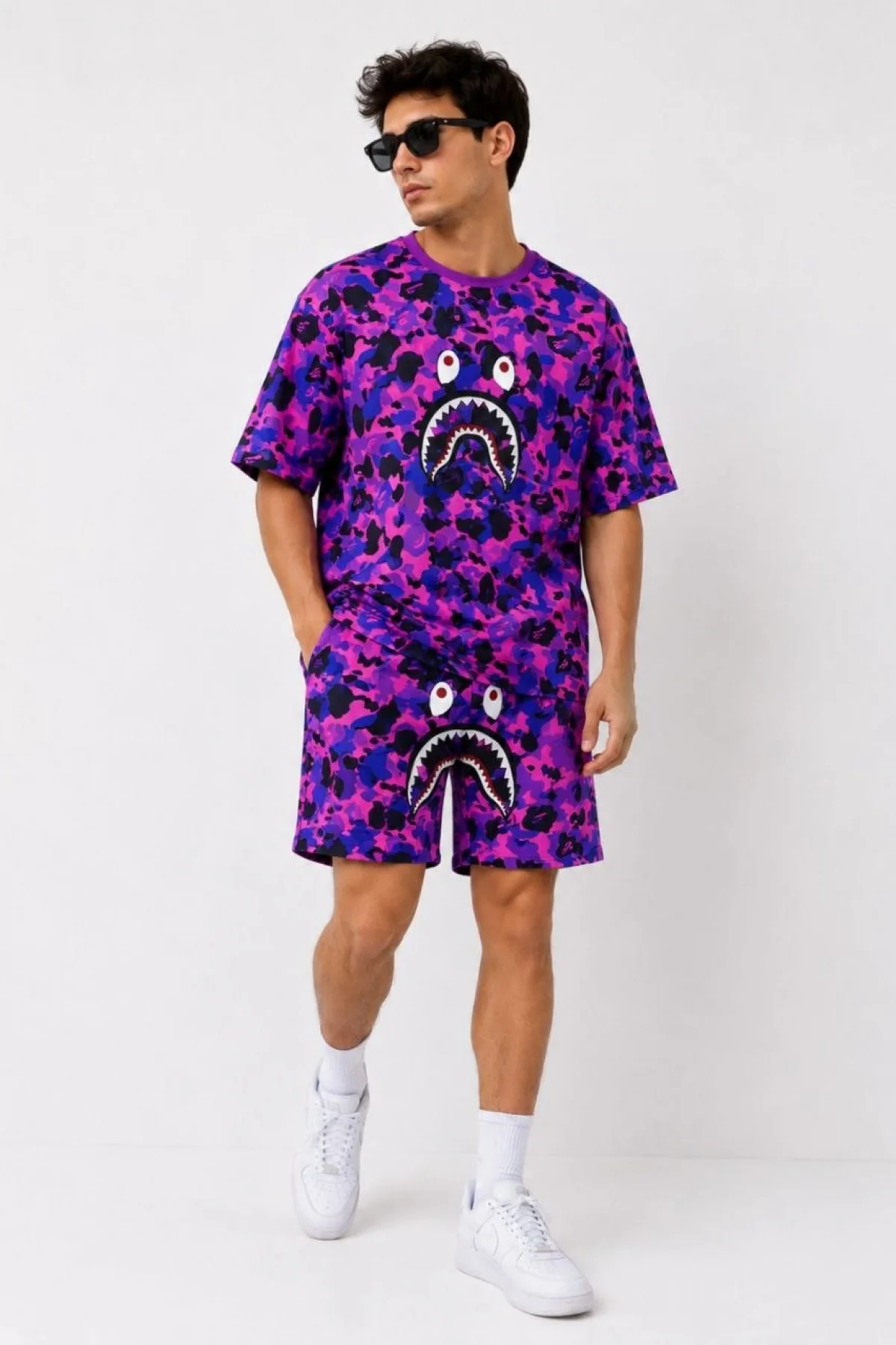 Erkek Oversize Kalıp Pubg Bape X Shark Nakışlı Cepli Şort Takım - Mor