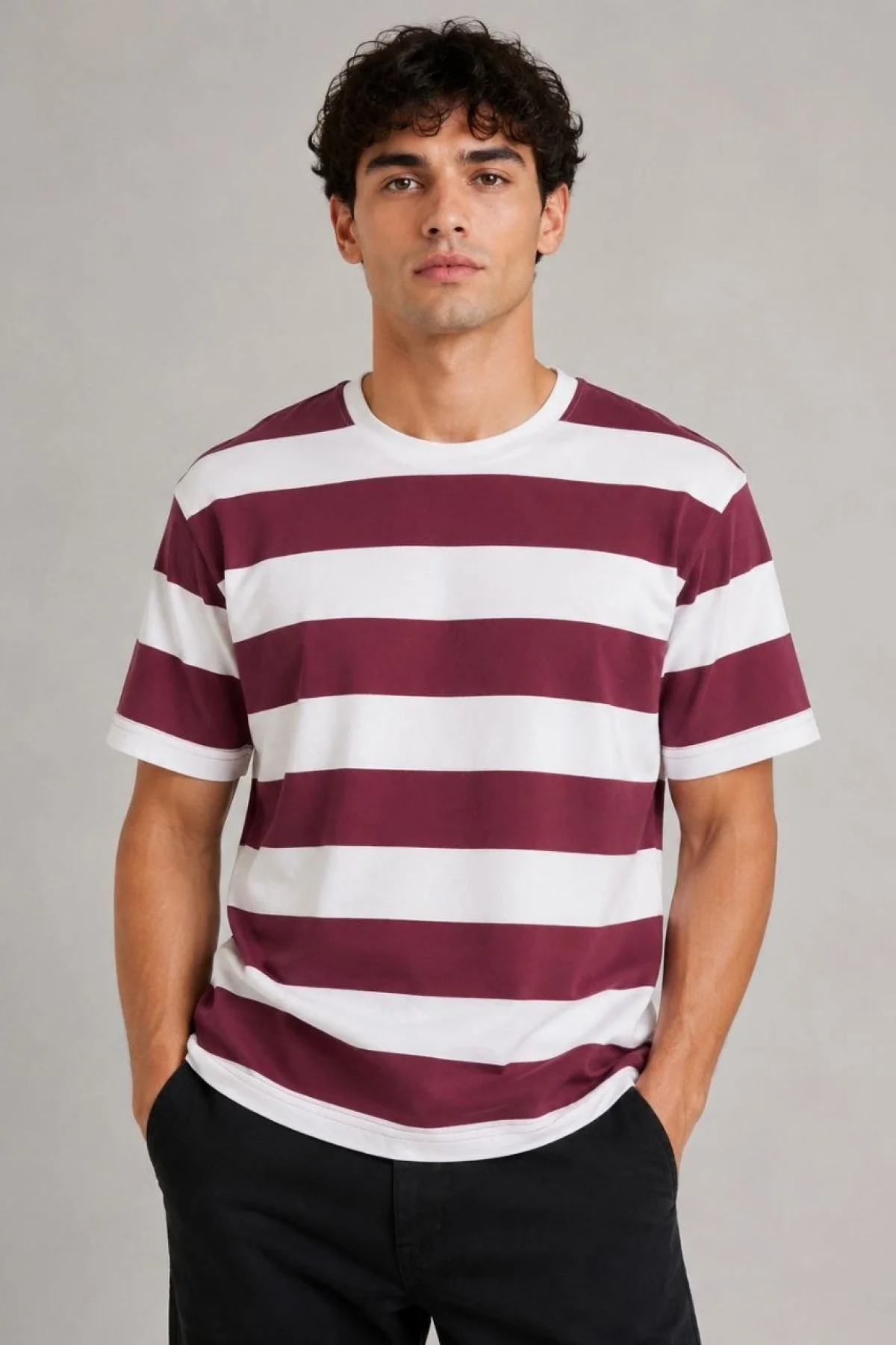 Erkek Çizgili Oversize Tişört Bisiklet Yaka Kısa Kol Yazlık T-Shirt - Bordo
