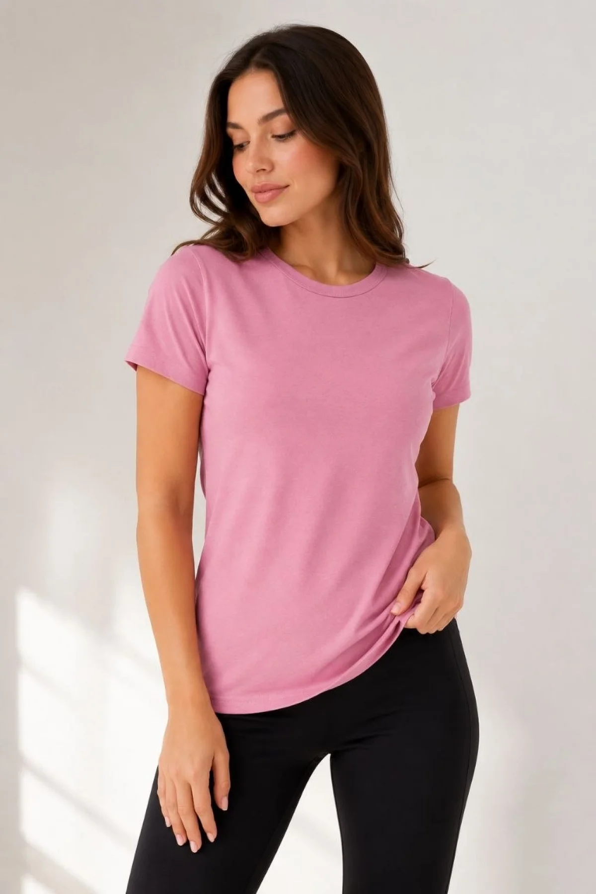 Kadın Basic Tişört Bisiklet Yaka Kısa Kol Günlük Yazlık Slim fit T-Shirt - Pembe