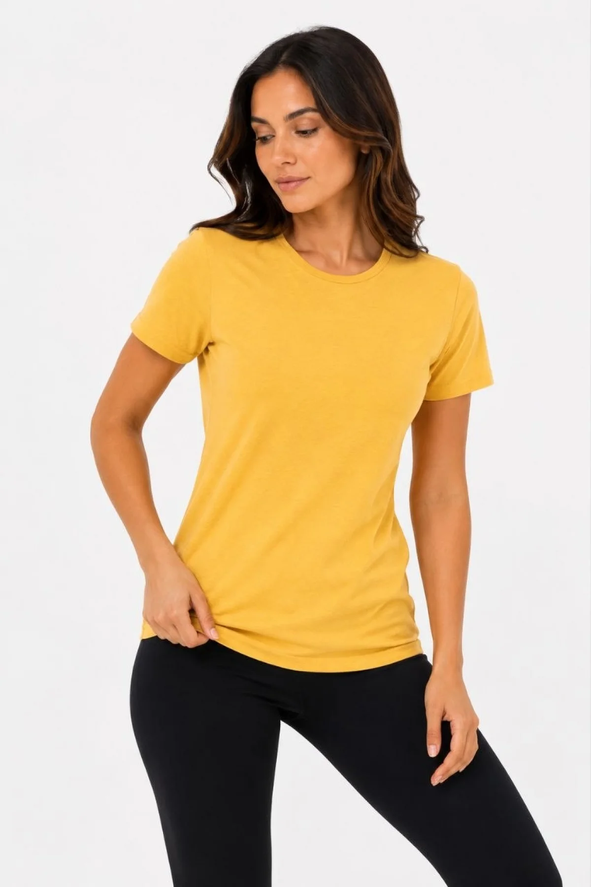 Kadın Basic Tişört Bisiklet Yaka Kısa Kol Günlük Yazlık Slim fit T-Shirt - Sarı