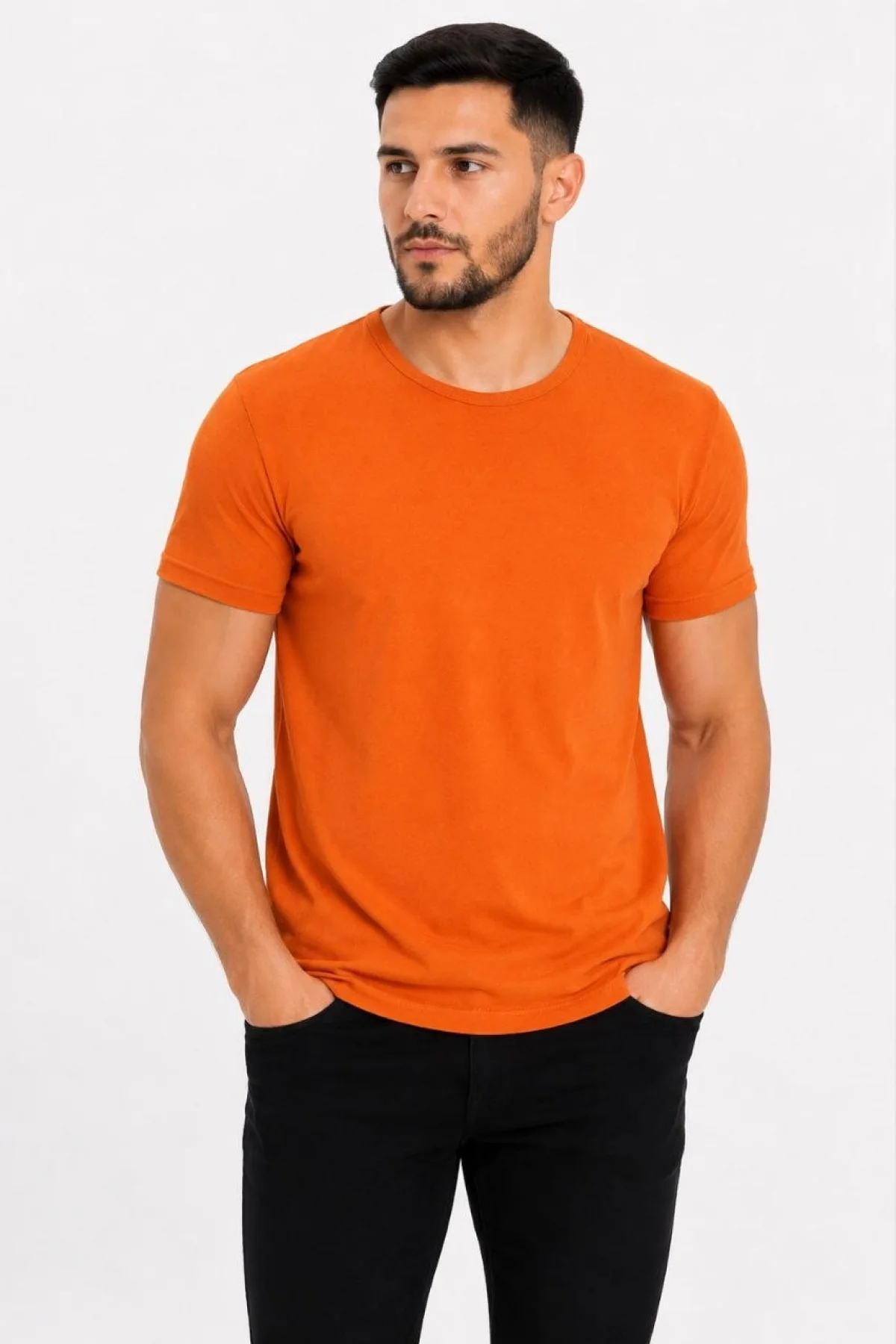 Erkek Basic Tişört Bisiklet Yaka Kısa Kol Günlük Yazlık Slim fit T-Shirt - Turuncu