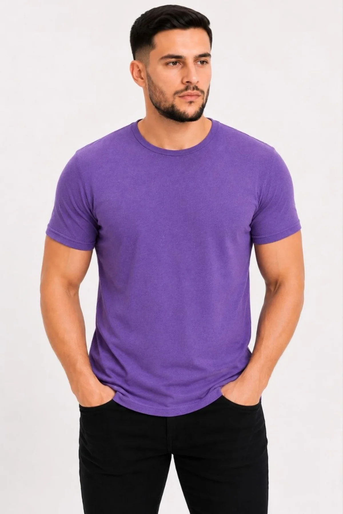 Erkek Basic Tişört Bisiklet Yaka Kısa Kol Günlük Yazlık Slim fit T-Shirt - Mor