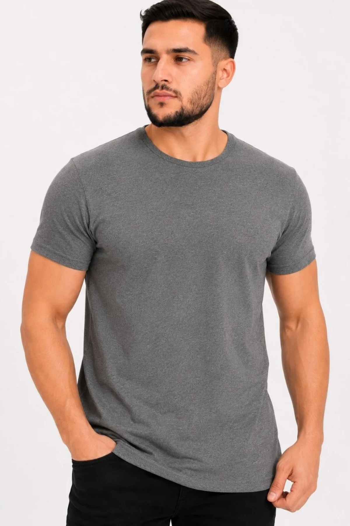 Erkek Basic Tişört Bisiklet Yaka Kısa Kol Günlük Yazlık Slim fit T-Shirt - Antrasit