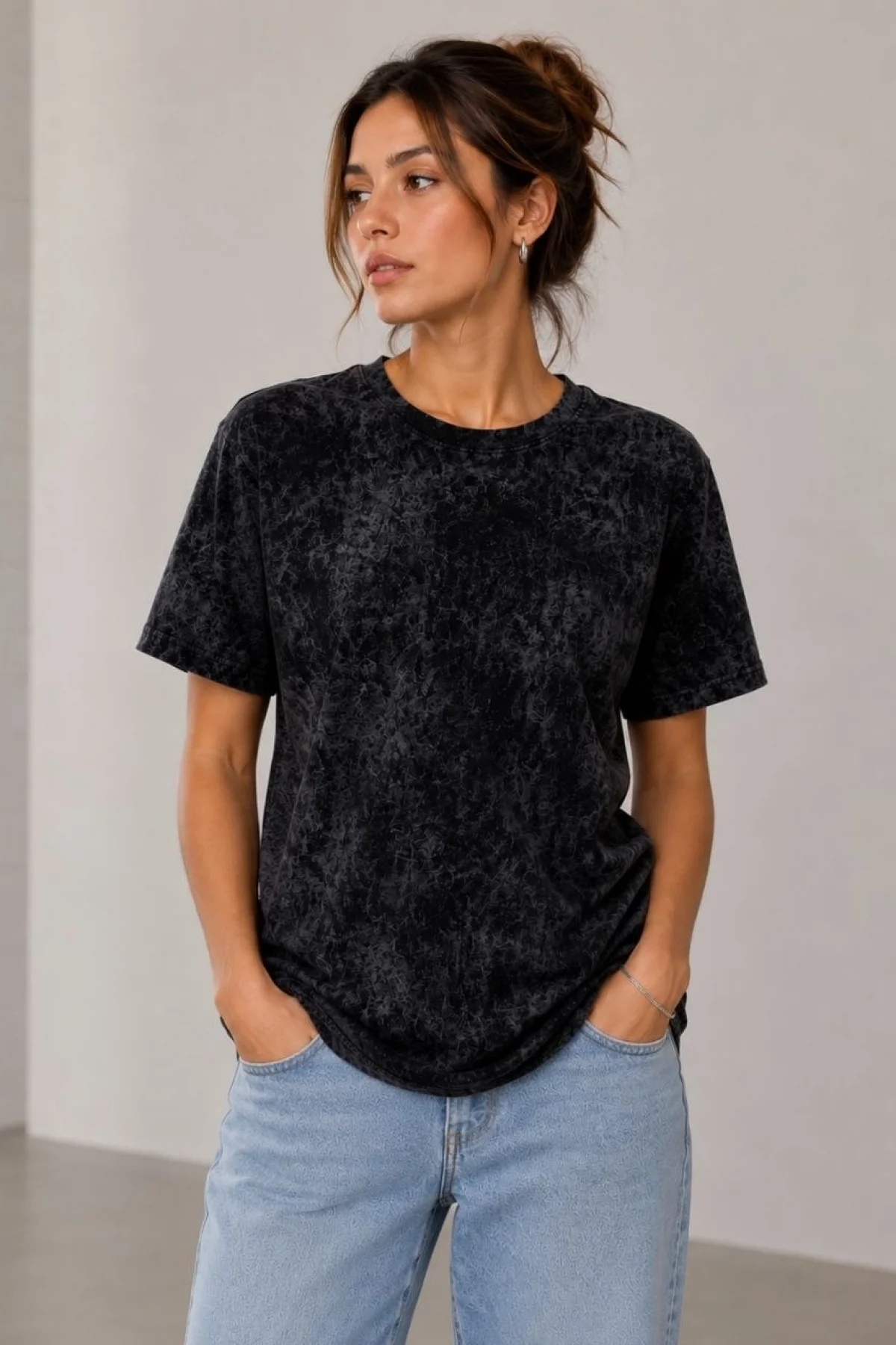 Kadın Yıkamalı Washed Effect Tişört Bisiklet Yaka Sokak Stil Kısa Kol T-Shirt - Siyah