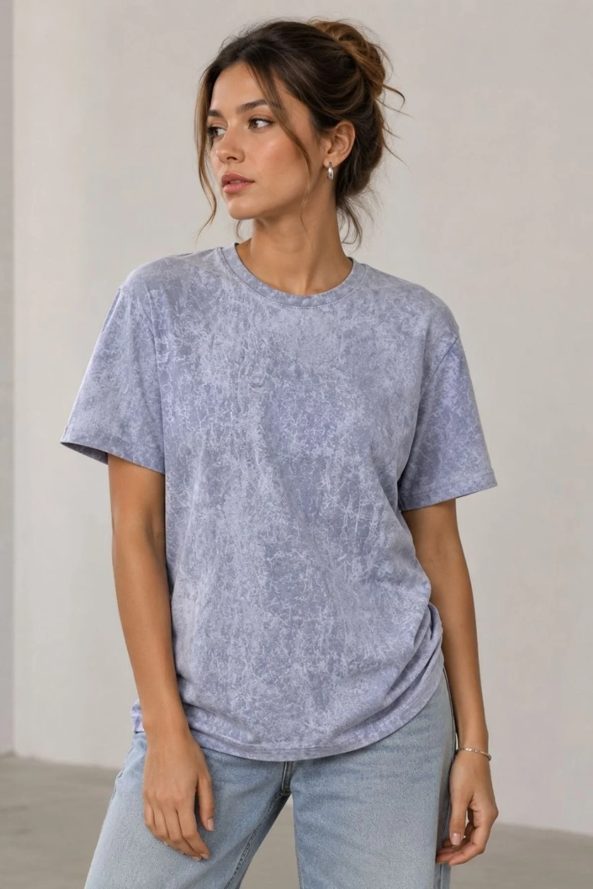 Kadın Yıkamalı Washed Effect Tişört Bisiklet Yaka Sokak Stil Kısa Kol T-Shirt - Gri