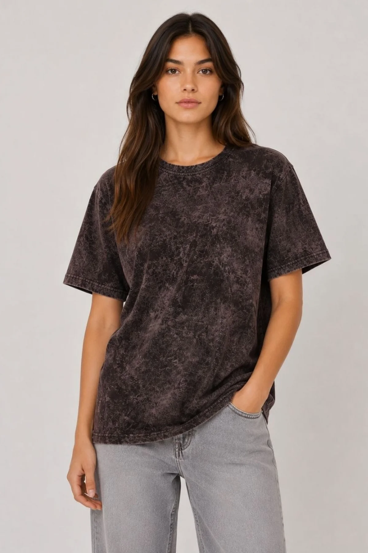 Kadın Yıkamalı Washed Effect Tişört Bisiklet Yaka Sokak Stil Kısa Kol T-Shirt - Siyah