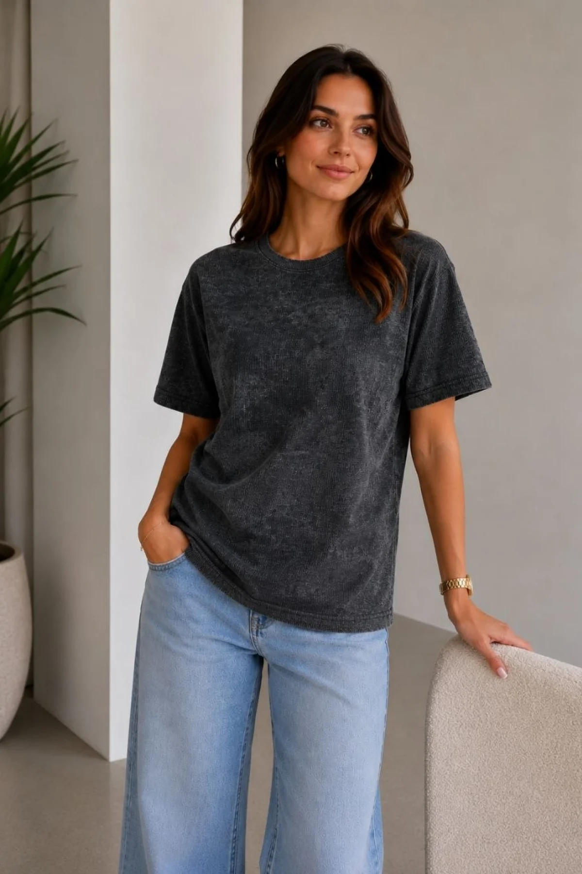 Kadın Batik Desenli Tişört Bisiklet Yaka Kısa Kol Regular Fit T-shirt - Siyah