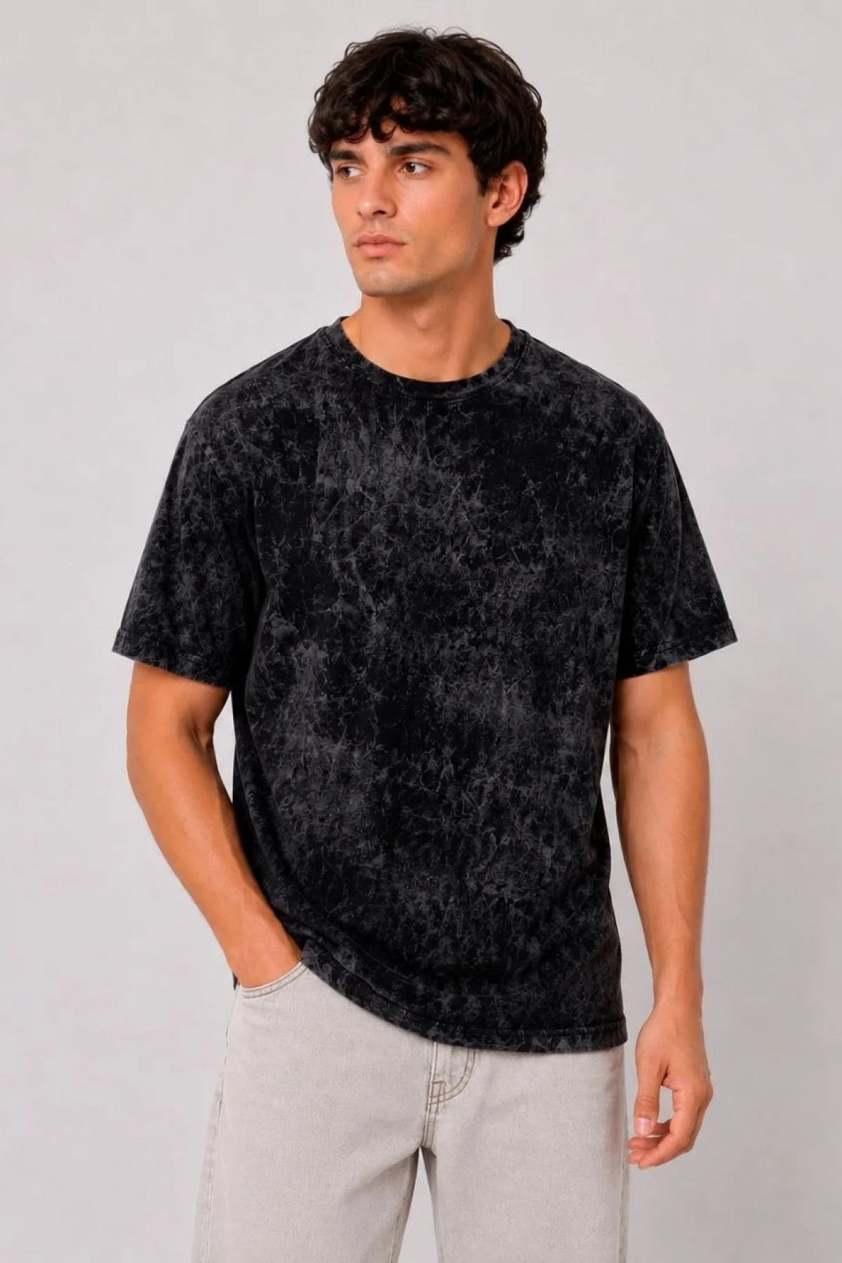 Erkek Yıkamalı Washed Effect Tişört Bisiklet Yaka Sokak Stil Kısa Kol T-Shirt - Siyah