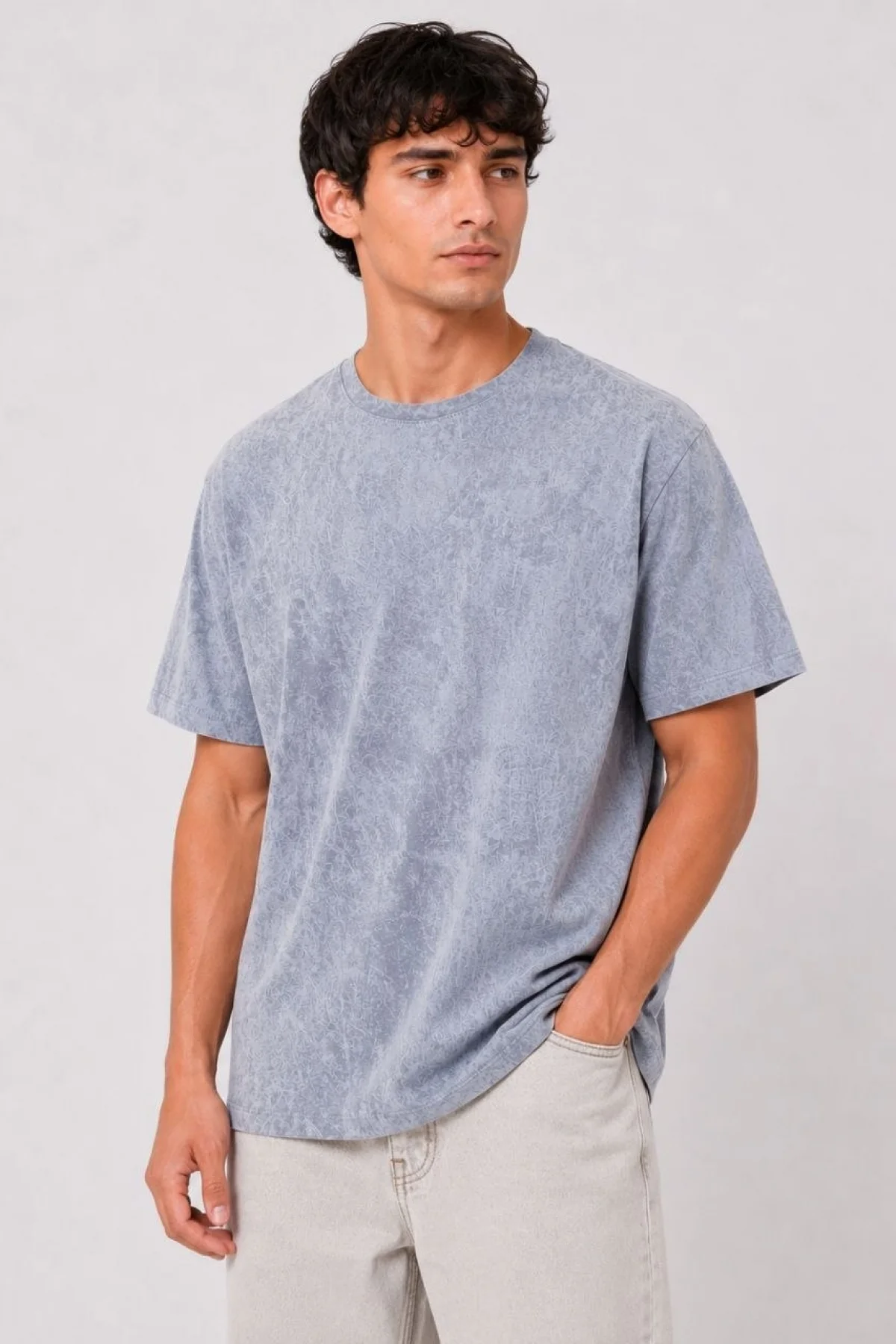 Erkek Yıkamalı Washed Effect Tişört Bisiklet Yaka Sokak Stil Kısa Kol T-Shirt - Gri