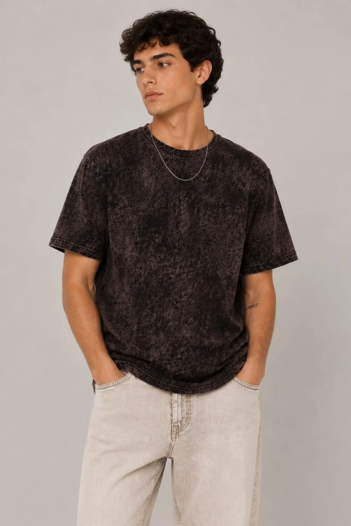 Erkek Yıkamalı Washed Effect Tişört Bisiklet Yaka Sokak Stil Kısa Kol T-Shirt - Füme