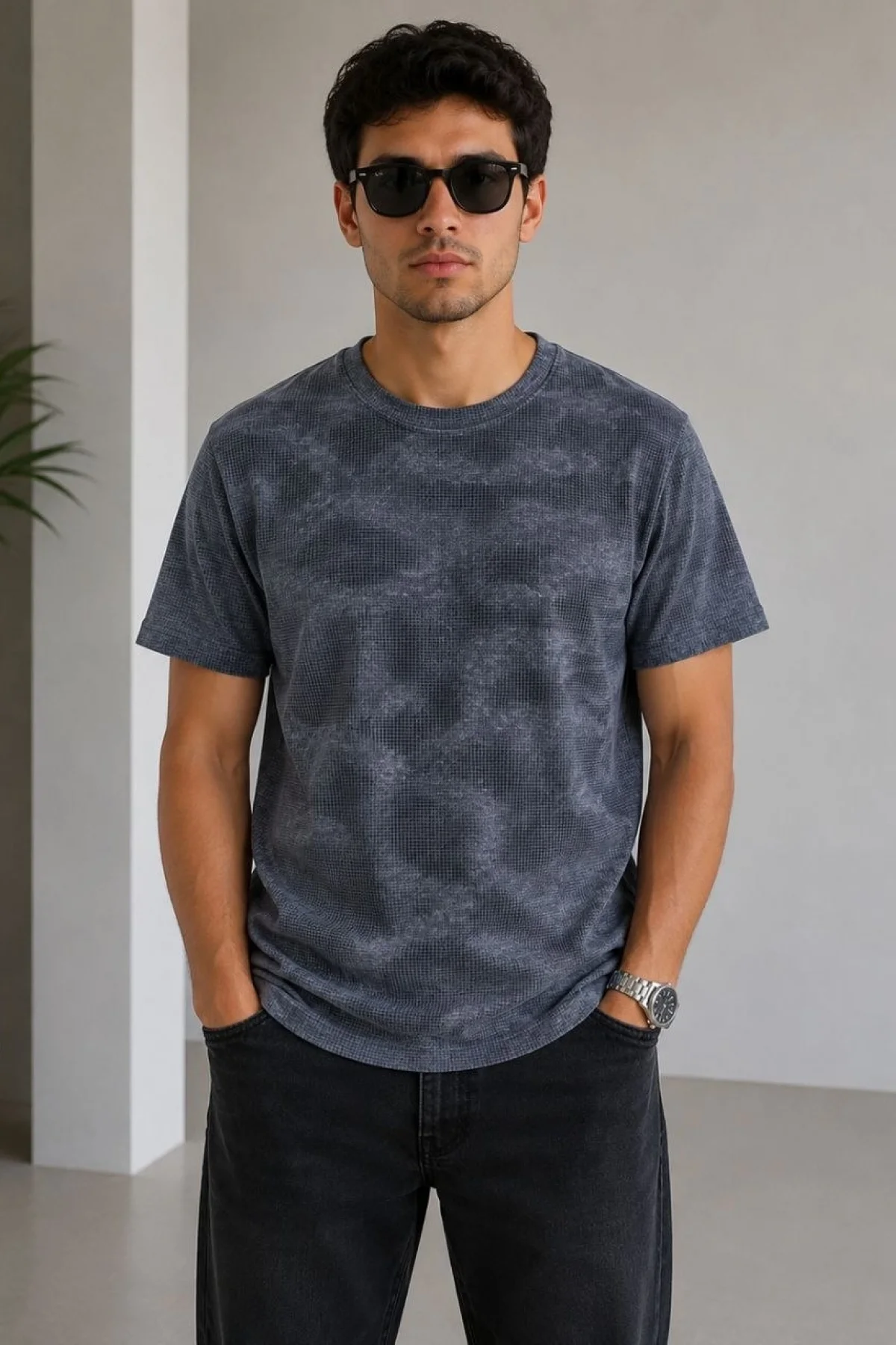 Erkek Batik Desenli Tişört Bisiklet Yaka Kısa Kol Regular Fit T-shirt - Füme