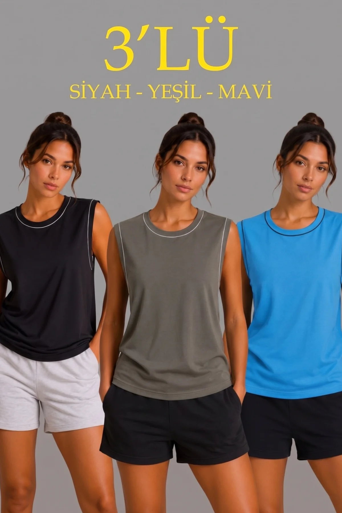 Kadın 3’lü Kolsuz Sporcu Atlet Seti Yazlık Bisiklet Yaka - Siyah, Haki, Mavi