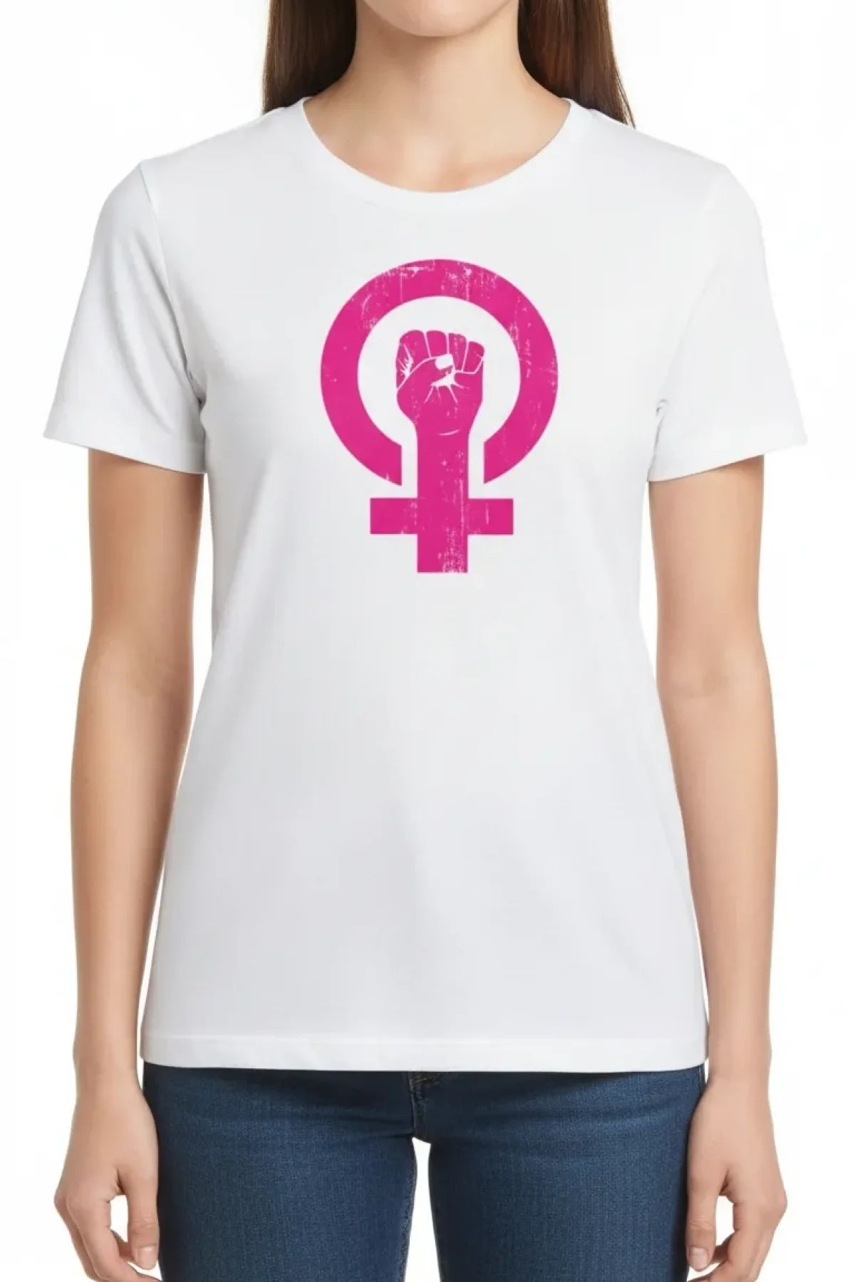 8 Mart Dünya Kadınlar Günü Baskılı Oversize Bisiklet Yaka T-shirt - Beyaz