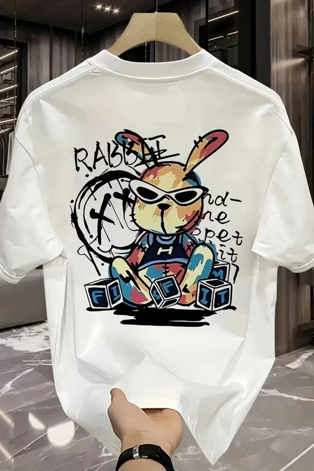 Güneş Gözlüğü Grafikli Karikatür Tavşan Oversize Kısa Kollu Tişört Çift Tişört, İlkbahar Ve Yaz - Beyaz