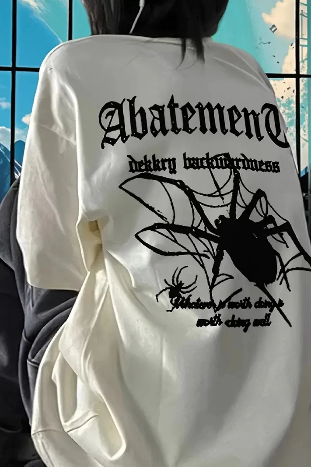 Örümcek Ağı Desenli Baskılı Oversize Bisiklet Yaka T-shirt  - Beyaz