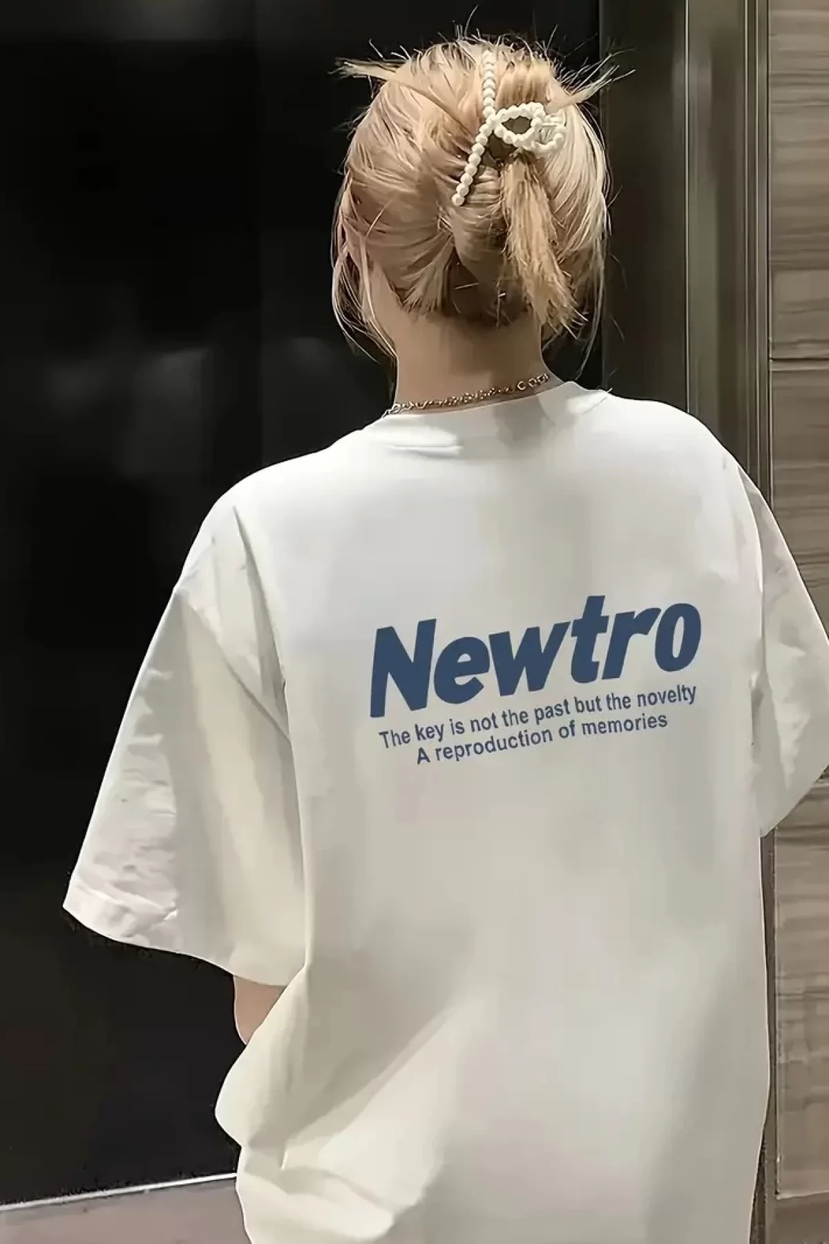 Baskılı Oversize Bisiklet Yaka T-shirt - Beyaz