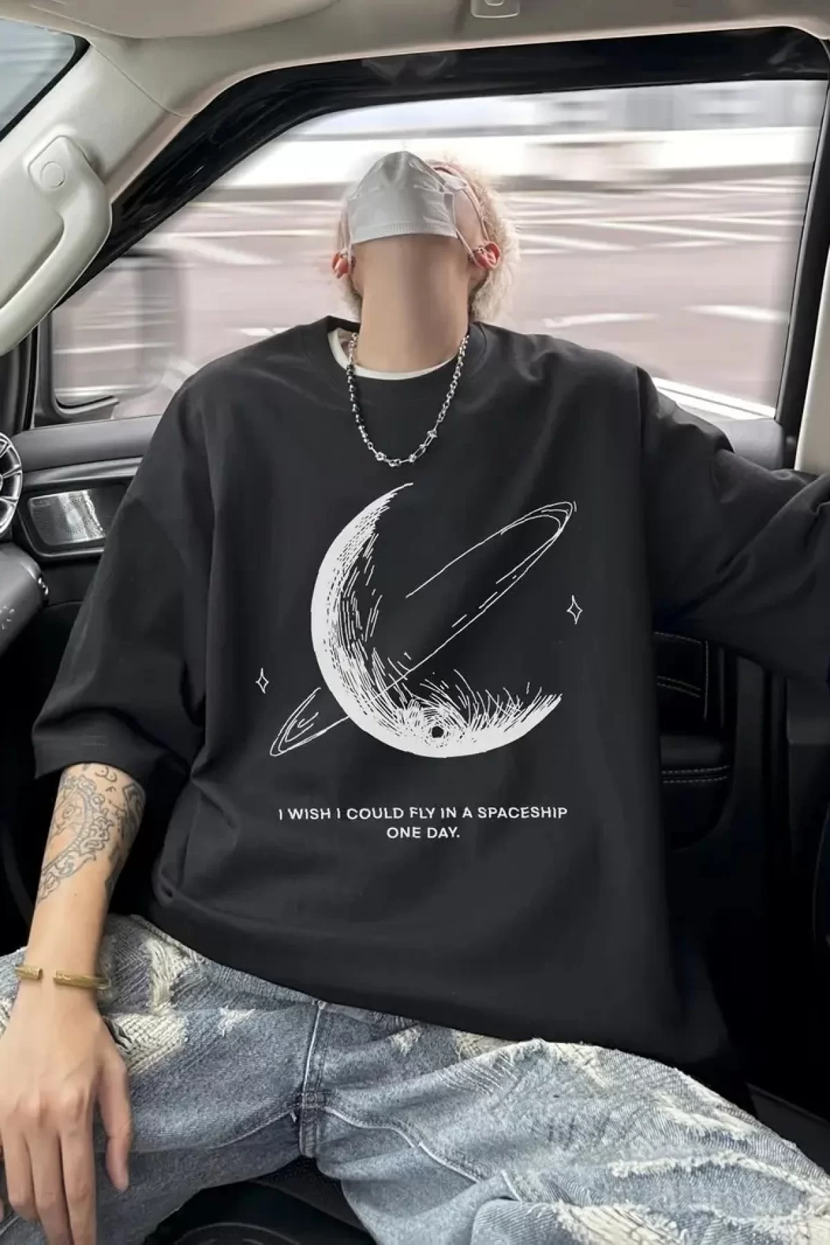 Baskılı Oversize Bisiklet Yaka T-shirt - Siyah