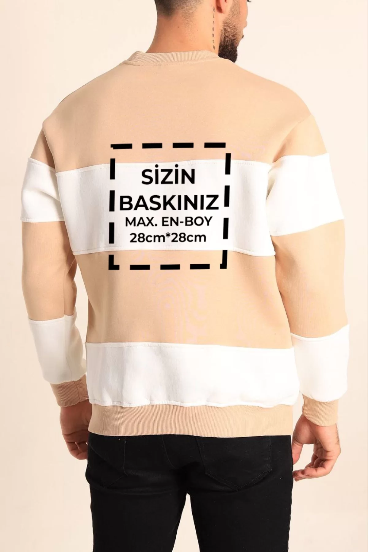 Bisiklet Yaka Parçalı Özel Üretim Sweatshirt- Bej