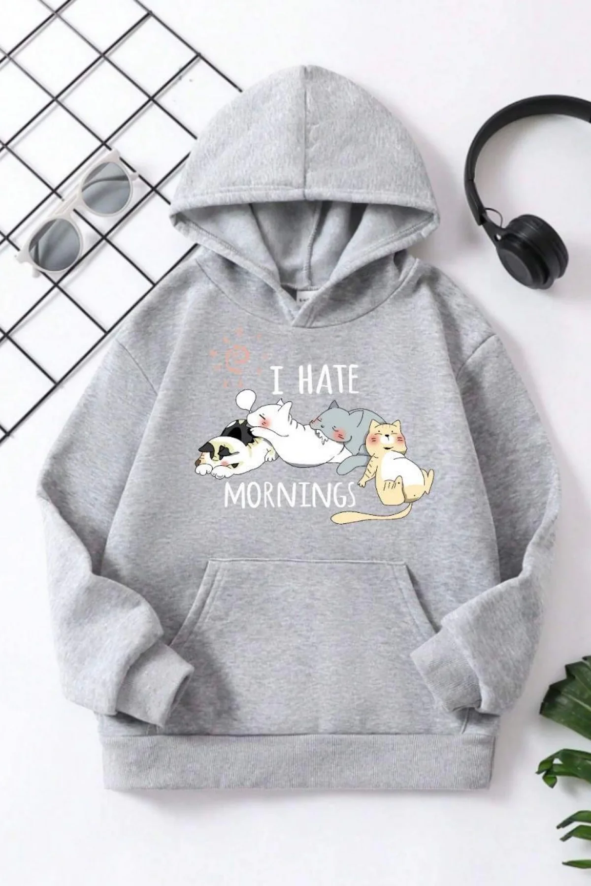 Çocuk Unisex Kapüşonlu Kedicik Baskılı Pamuklu Sweatshirt - Gri