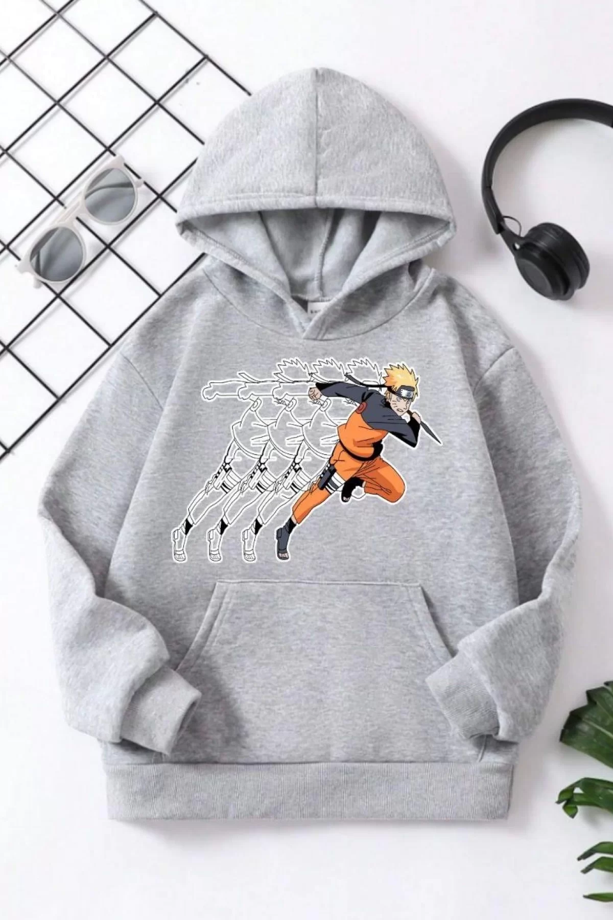Çocuk Unisex Kapüşonlu Naruto Baskılı Pamuklu Sweatshirt - Gri