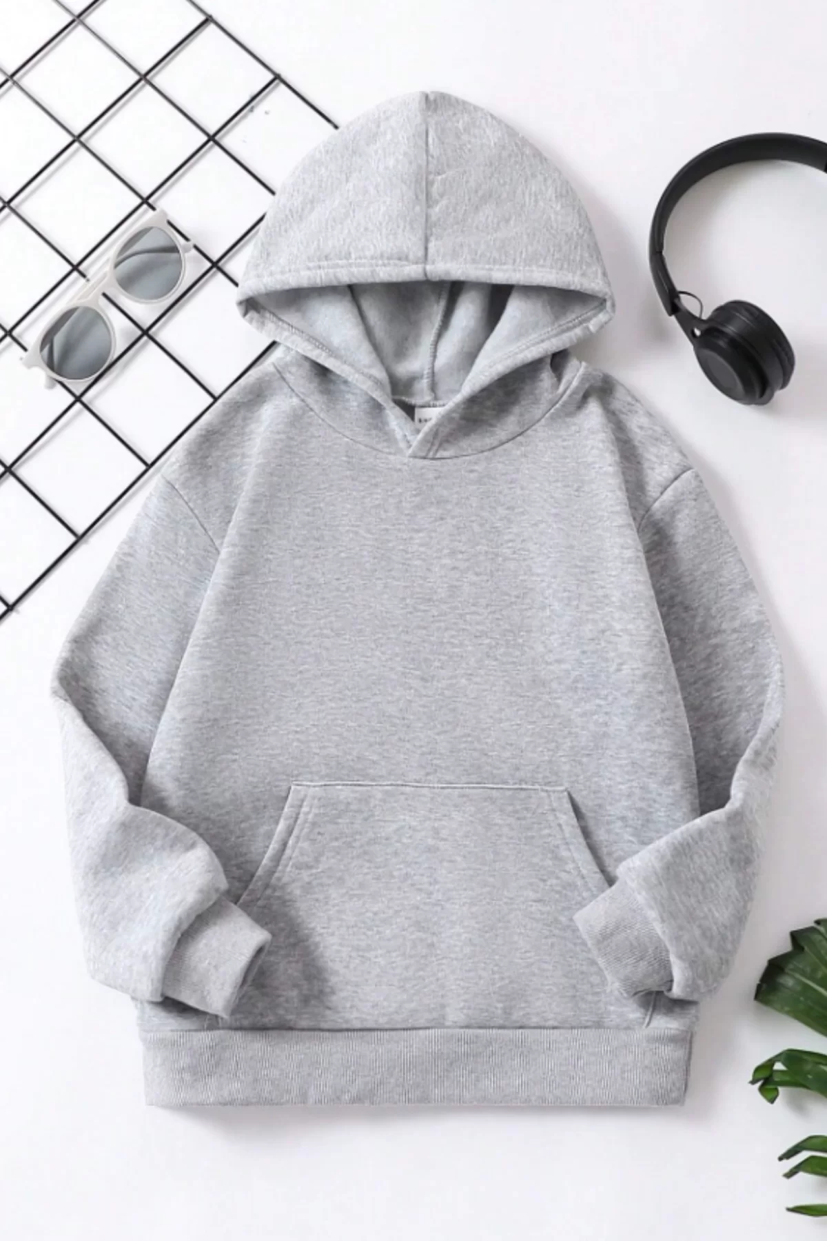 Çocuk Unisex Kapüşonlu Özel Tasarım Basic Sweatshirt - Gri