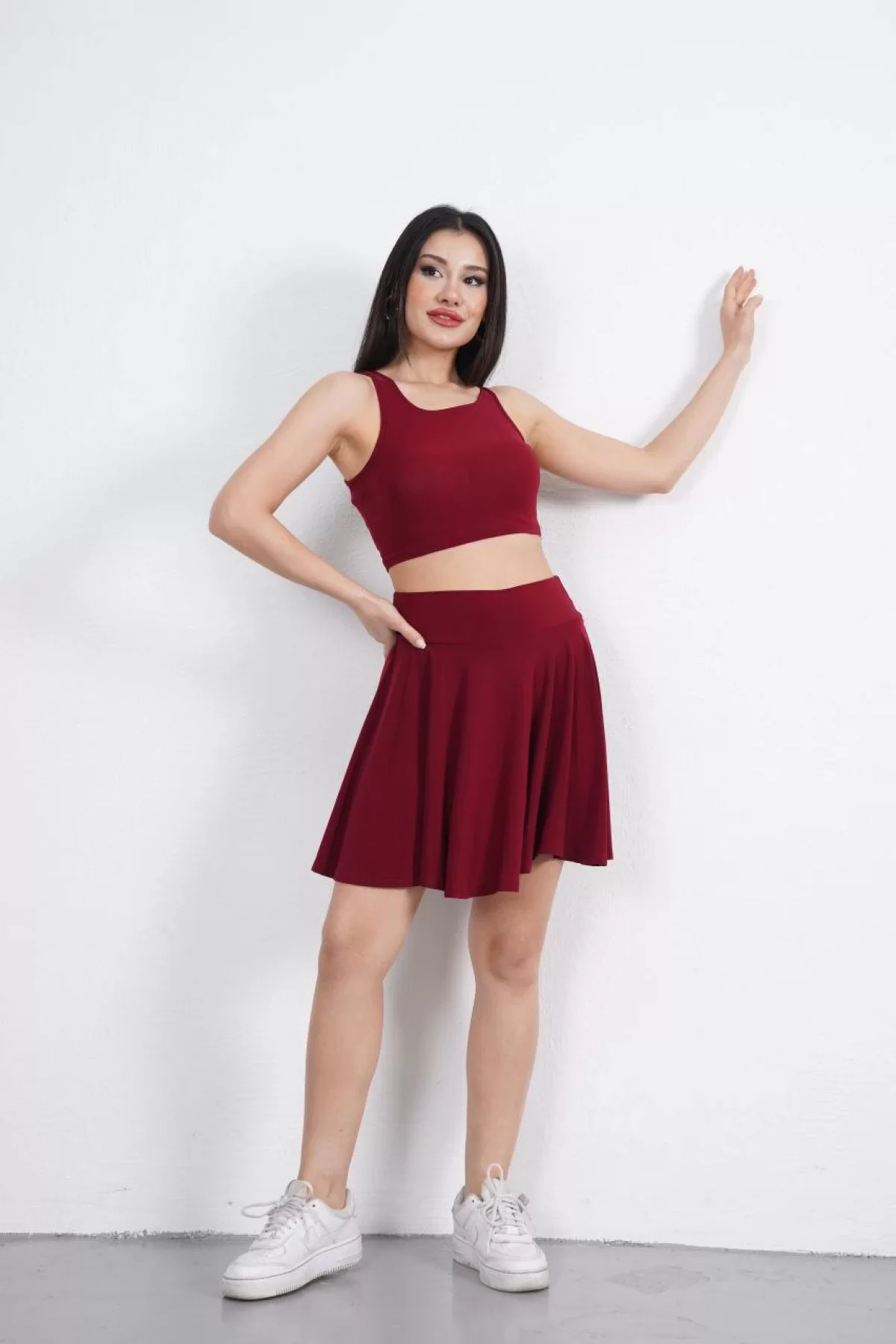 Crop Şortlu Etek ikili Takım - Bordo