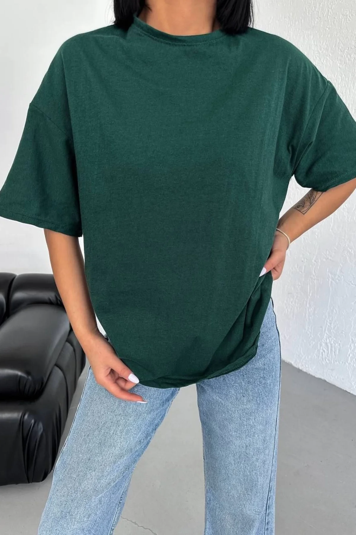 Kadın Düz T-Shirt Kısa Kol Bisiklet Yaka  Ovarsize Rahat Kalıp Günlük Tişört  - Haki