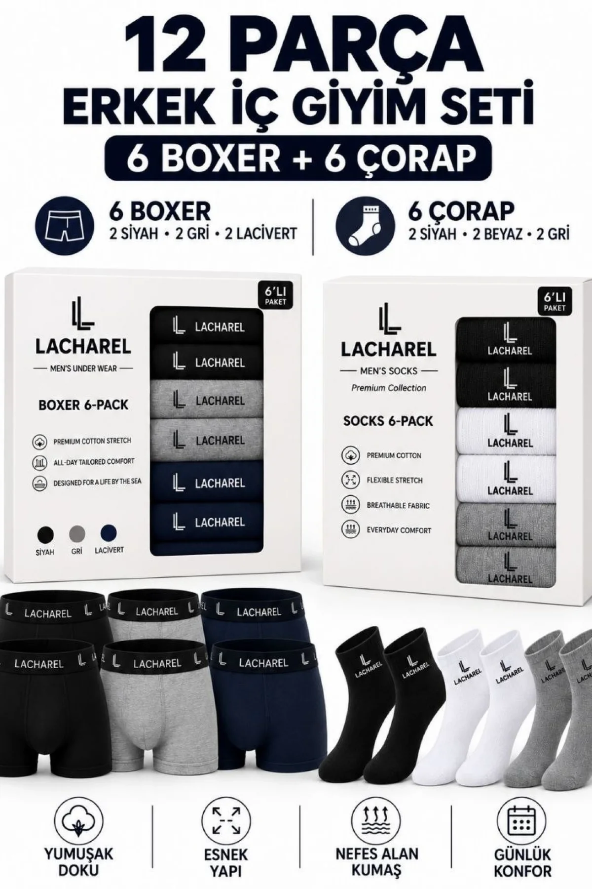 Erkek 12li İç Giyim Seti Pamuklu 6 Boxer 6 Çorap Çoklu Paket - Siyah - Lacivert - Gri - Beyaz