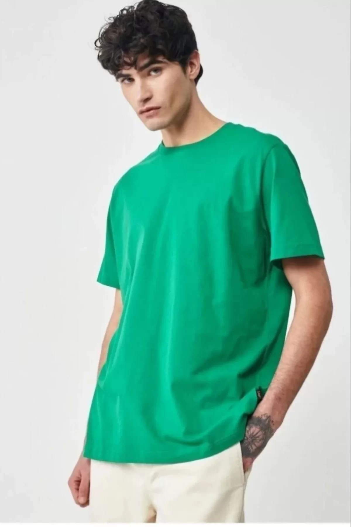 Erkek 24/1 Düz A Kalite Oversize T-shirt - Yeşil