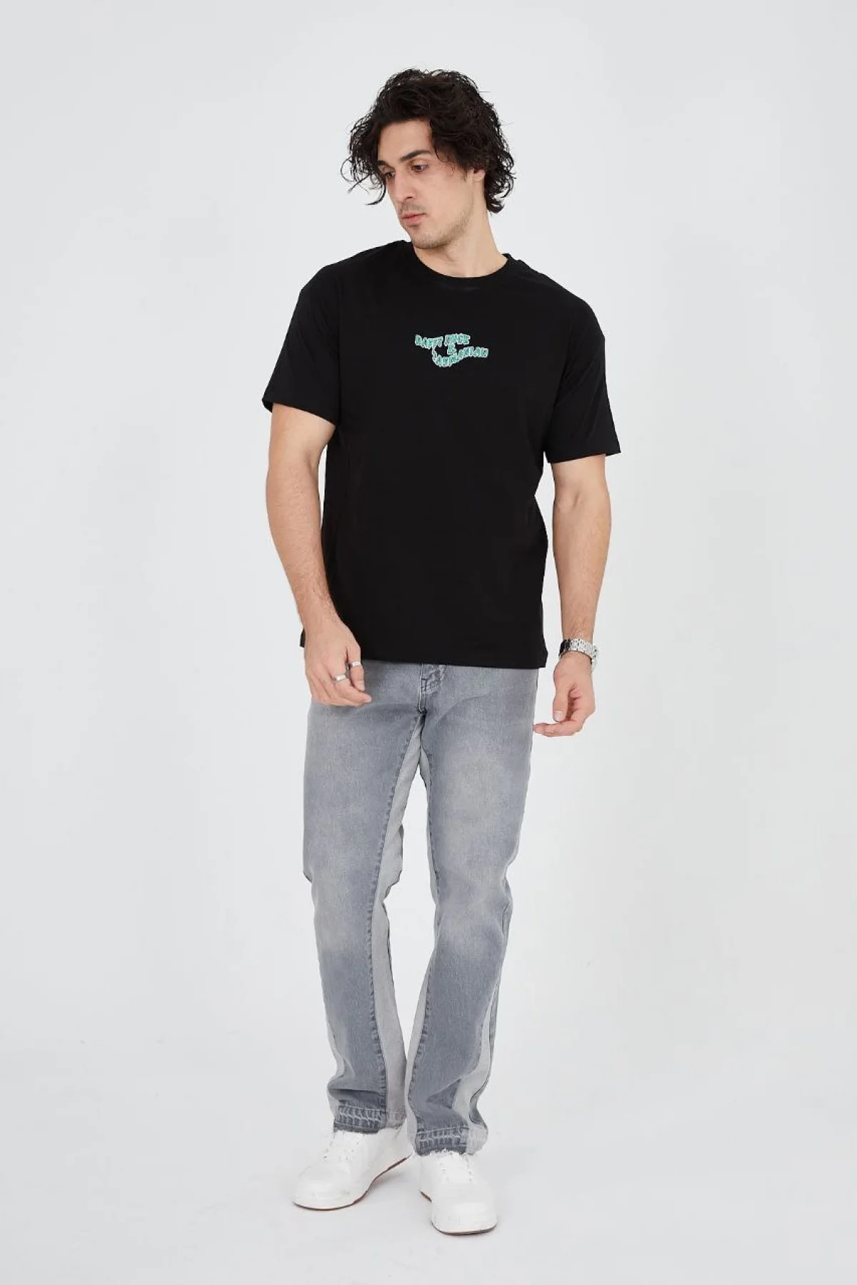 Erkek Baskılı 24/1 Penye T-Shirt - Siyah