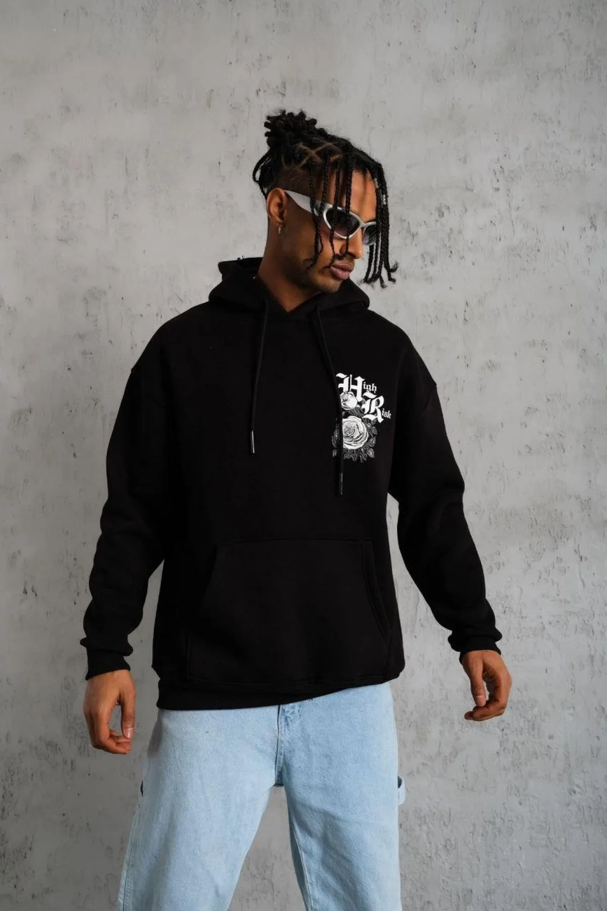 Erkek 3 İplik Pamuklu Kapüşonlu Baskılı Cepli Oversize Sweatshirt Hoodie - Siyah