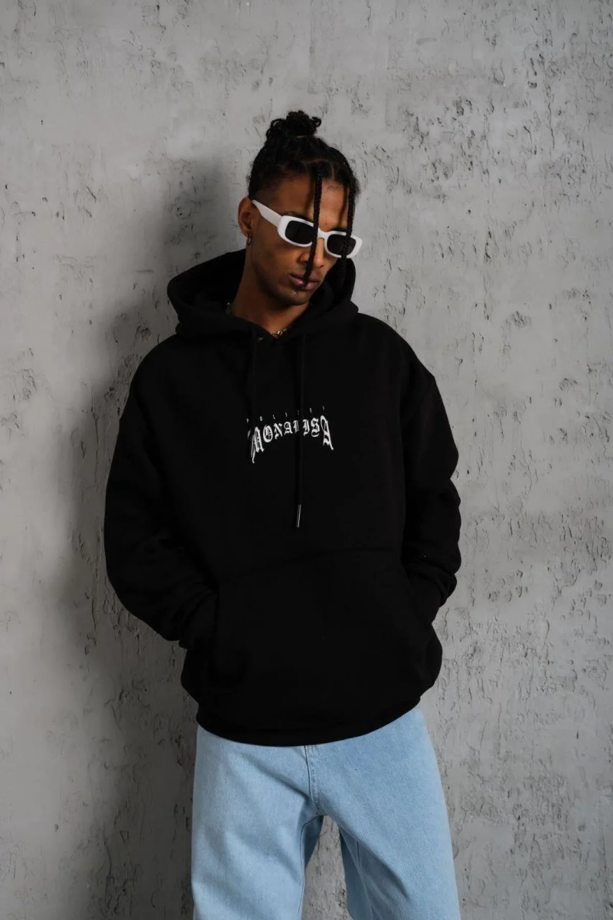 Erkek Baskılı Kapüşonlu ve Kanguru Cepli Sweatshirt hoodie- Siyah