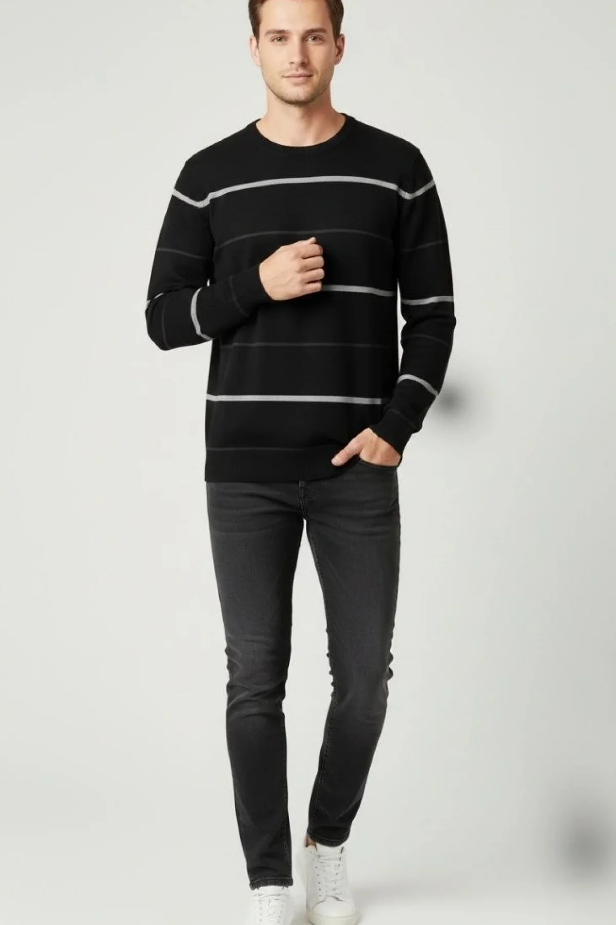 Erkek Bisiklet Yaka Cizgili Triko Kazak yumuşak dokulu Pamuklu ince Dokuma, uzun kollu Rahat Regular kalıp - Siyah