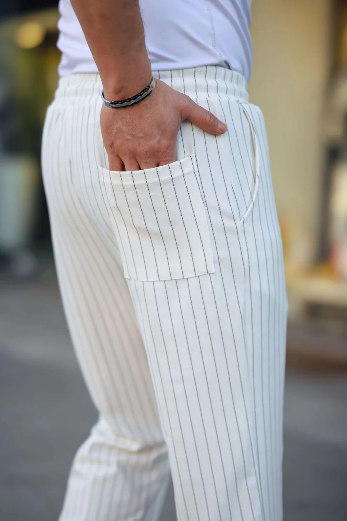 Erkek Cizgili Dokuma Krep Jogger Buggy Pantalon Rahat kalıp - Beyaz