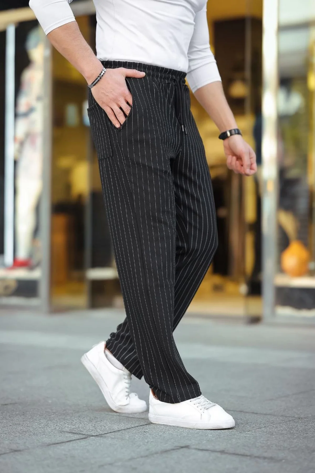 Erkek Cizgili Dokuma Krep Jogger Buggy Pantalon Rahat kalıp - Siyah