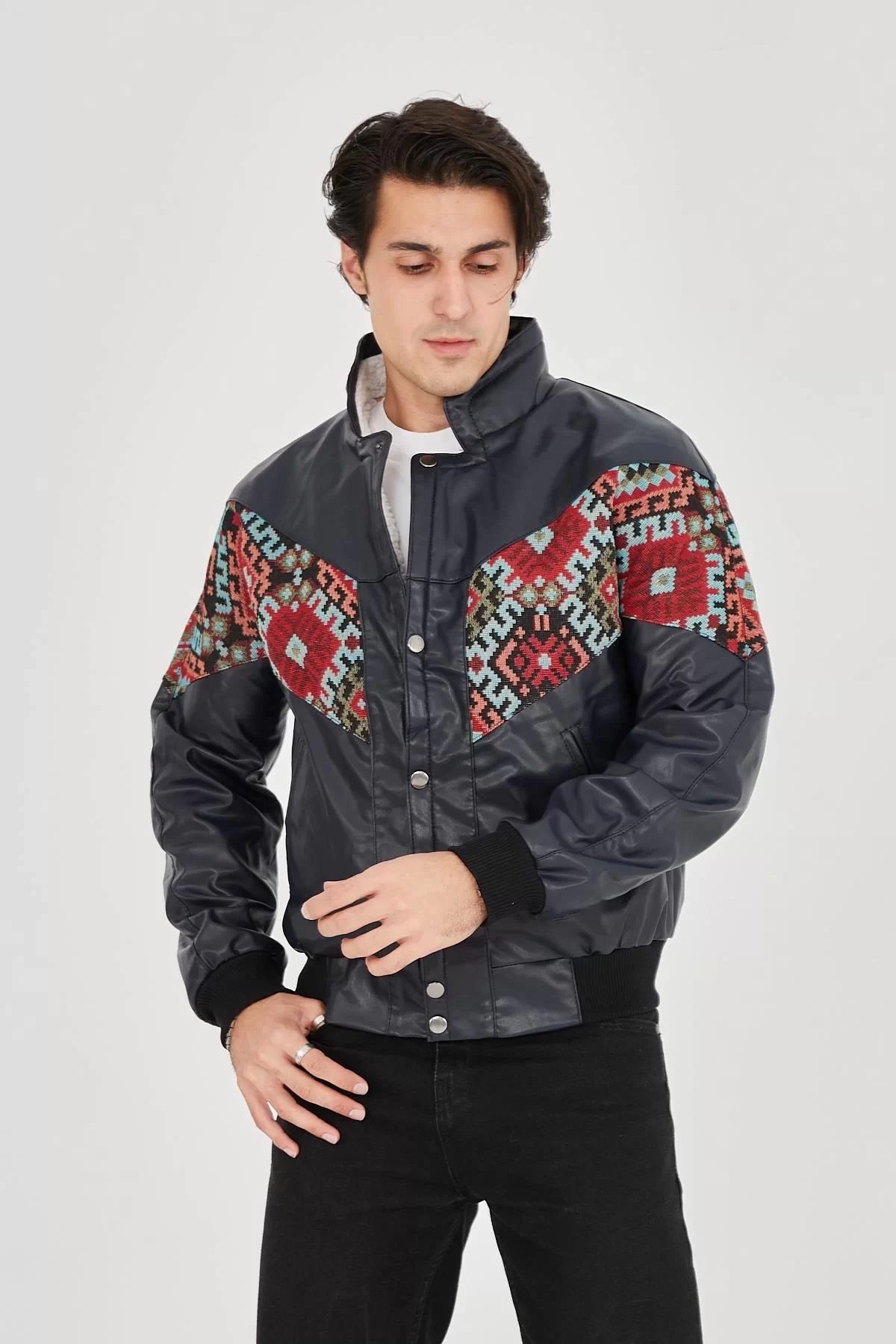Erkek İçi Astarlı İçten Yaka Kısmı Peluşlu Suni Kumaş Vintage Ceket - Lacivert