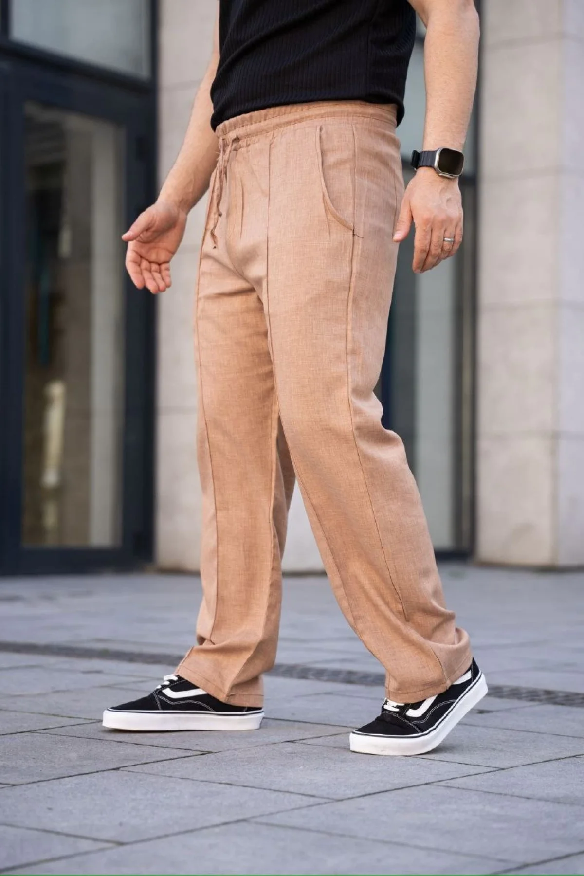 Erkek Keten Cepli Çıma Dikişli jogger Buggy Pantalon Rahat kalıp - Kahverengi