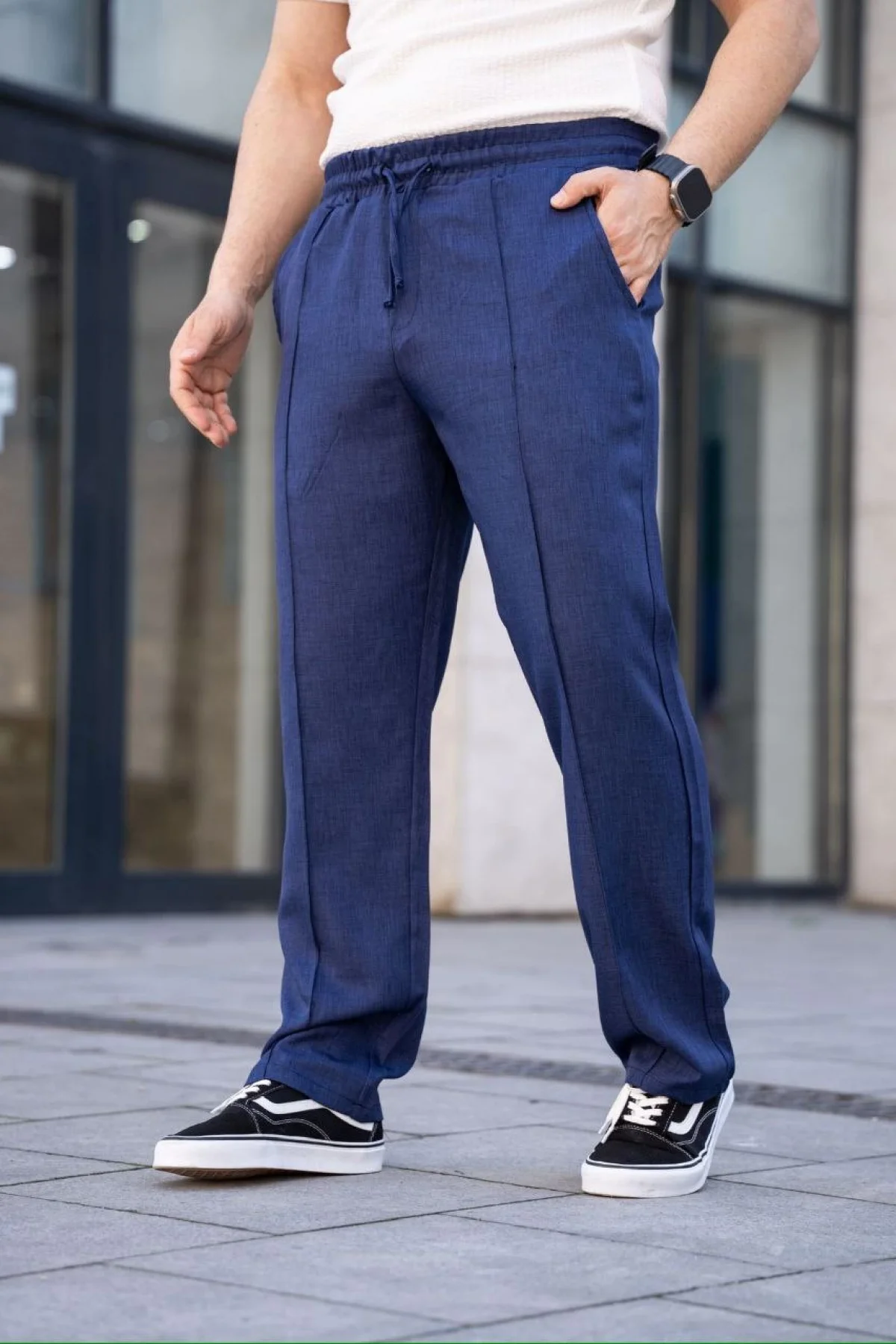 Erkek Keten Cepli Çıma Dikişli jogger Buggy Pantalon Rahat kalıp - Lacivert