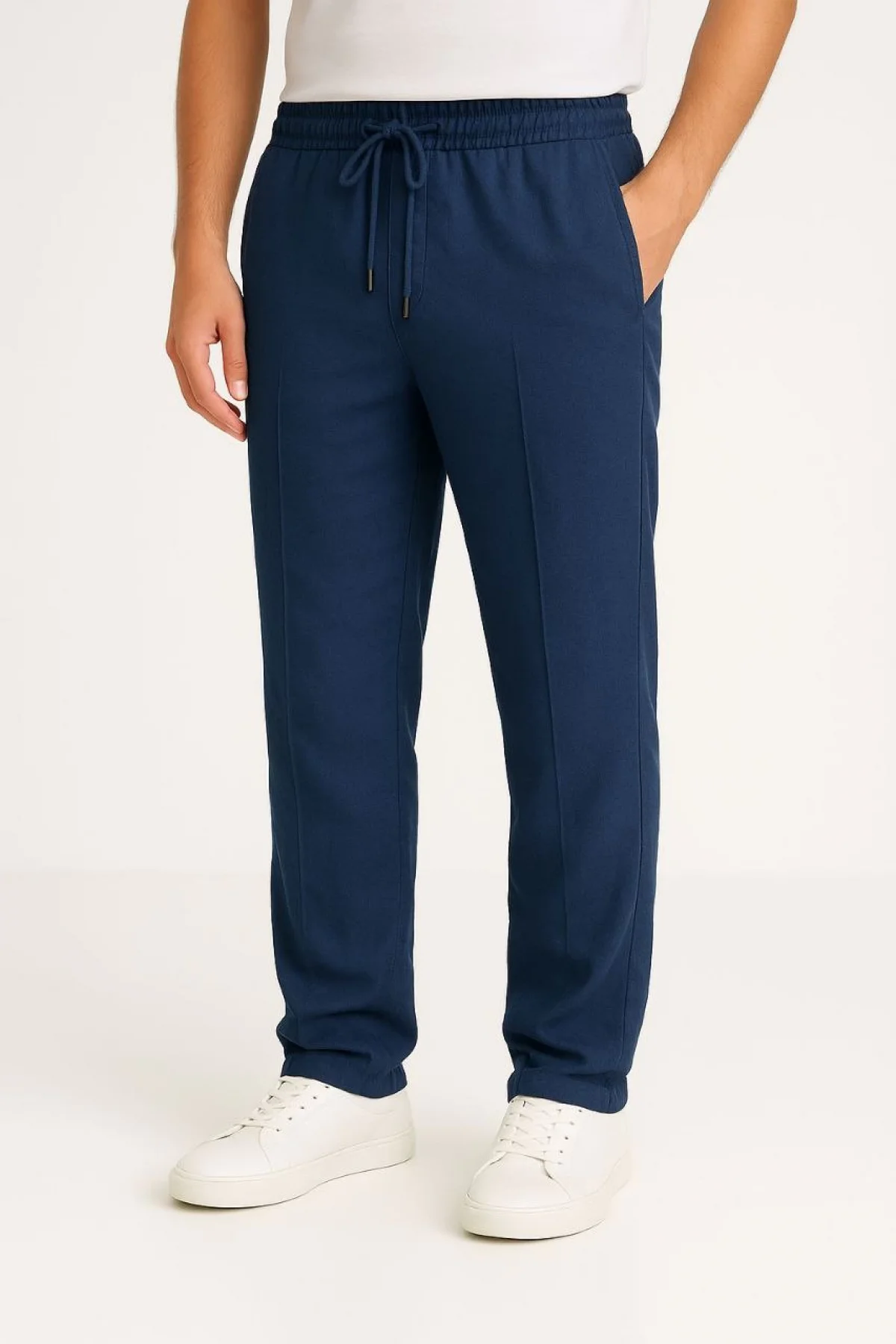 Erkek Keten Pantolon – Cepli, Beli Lastikli ve Bağcıklı, Nefes Alan Rahat Kalıp, Yazlık ve Baharlık Günlük Giyim, Şık & Konforlu Boru Paça Model - Lacivert