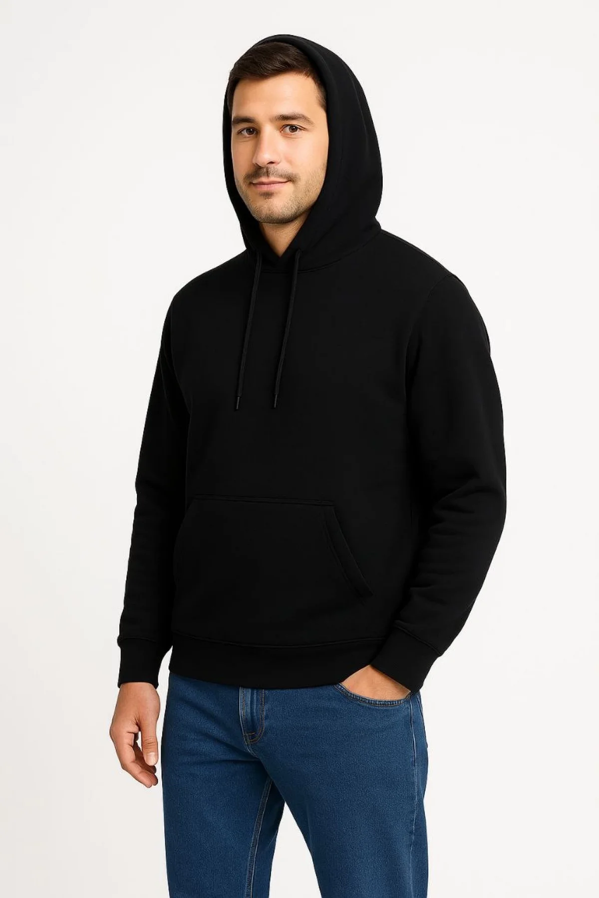 Erkek Üç İplik Kapüşonlu Kanguru Cepli SweatShirt hoodie - Siyah