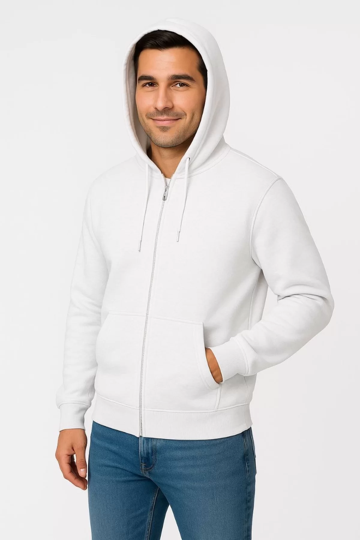 Erkek Üç İplik Kapüşonlu Tam Fermuarlı Kanguru Çepli SweatShirt Hoodie - Beyaz