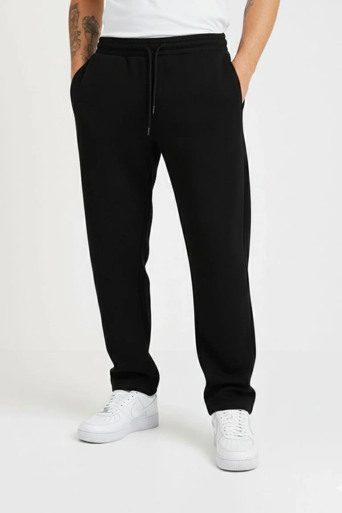 Erkek Üç iplik Kışlık Pamuklu Ovarsize Bağcıklı Düz Paça Cepli Eşofman Altı Spor Rahat Model - Siyah