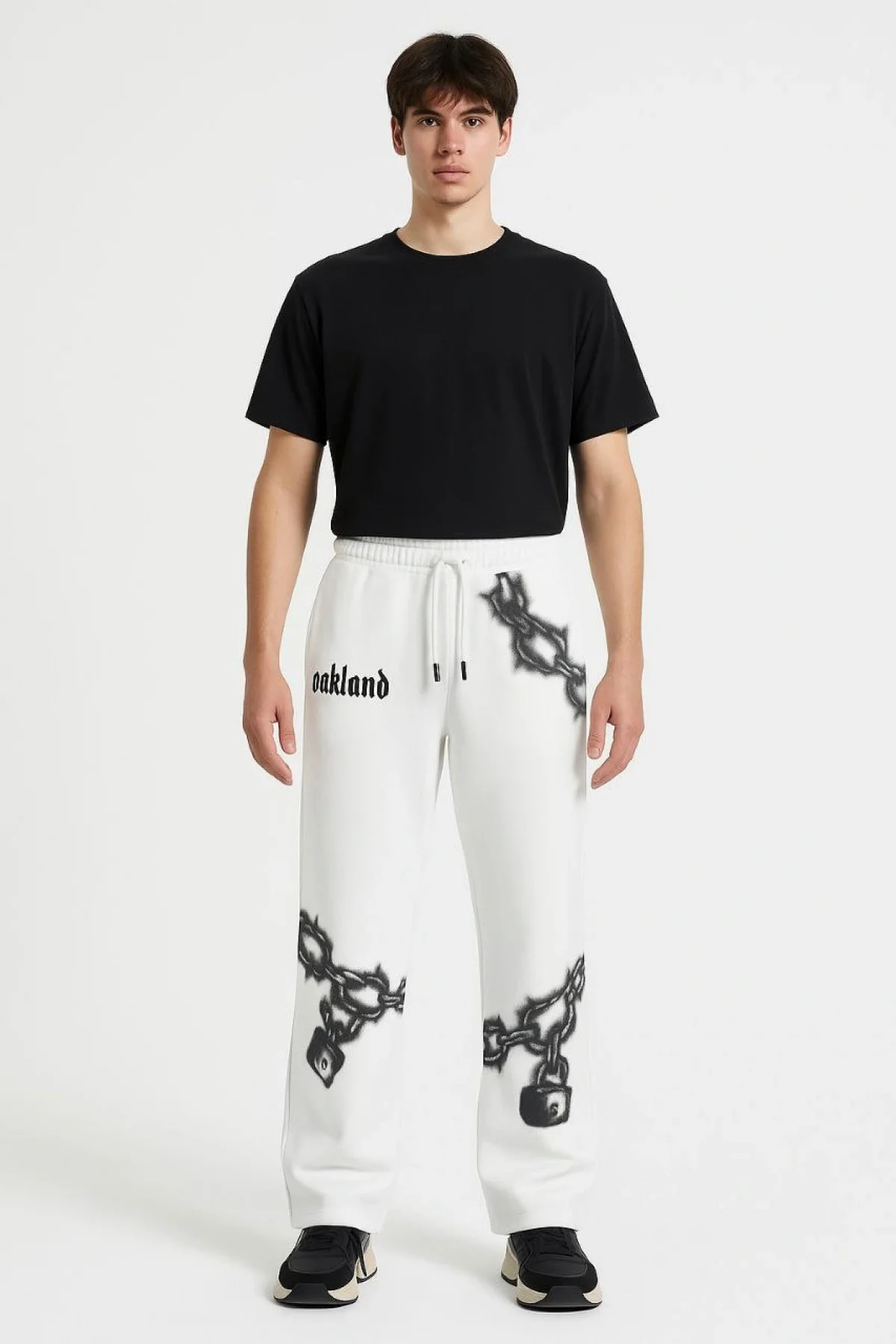 Erkek Üç İplik Pamuklu Baskılı Cepli Jogger Buggy Pantalon Oversize Kalıp - Beyaz