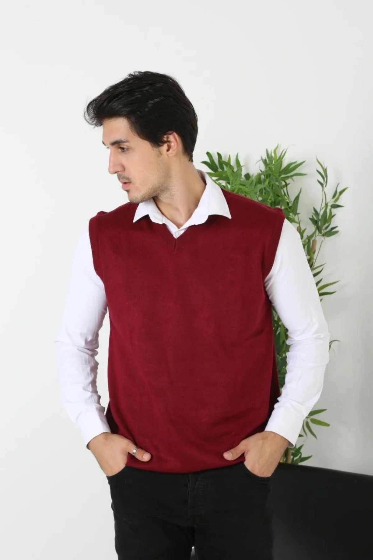 Erkek V Yaka Kolsuz Süveter Triko Kazak yumuşak dokulu Pamuklu ince Dokuma Rahat Regular kalıp - Bordo