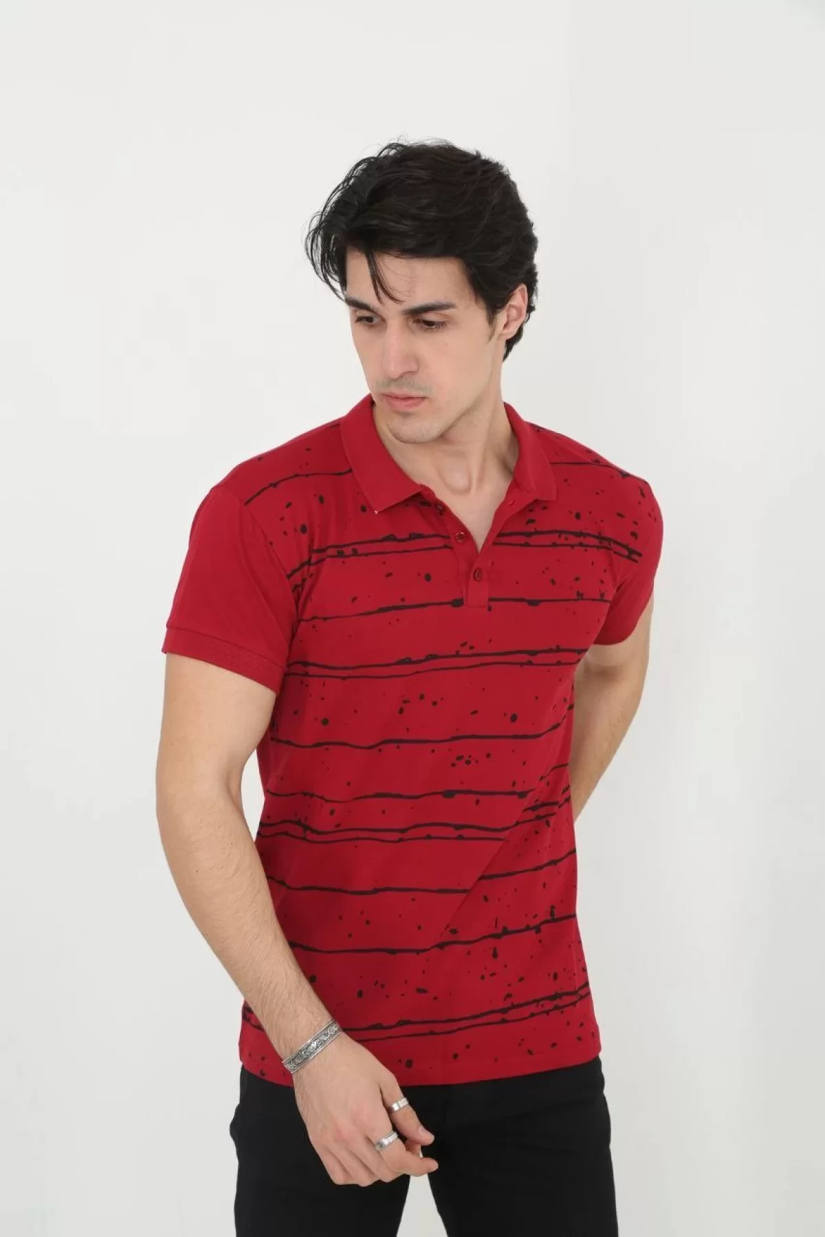 Erkek Yakalı Slim Fit Pike Çizgili T-Shirt - Kırmızı