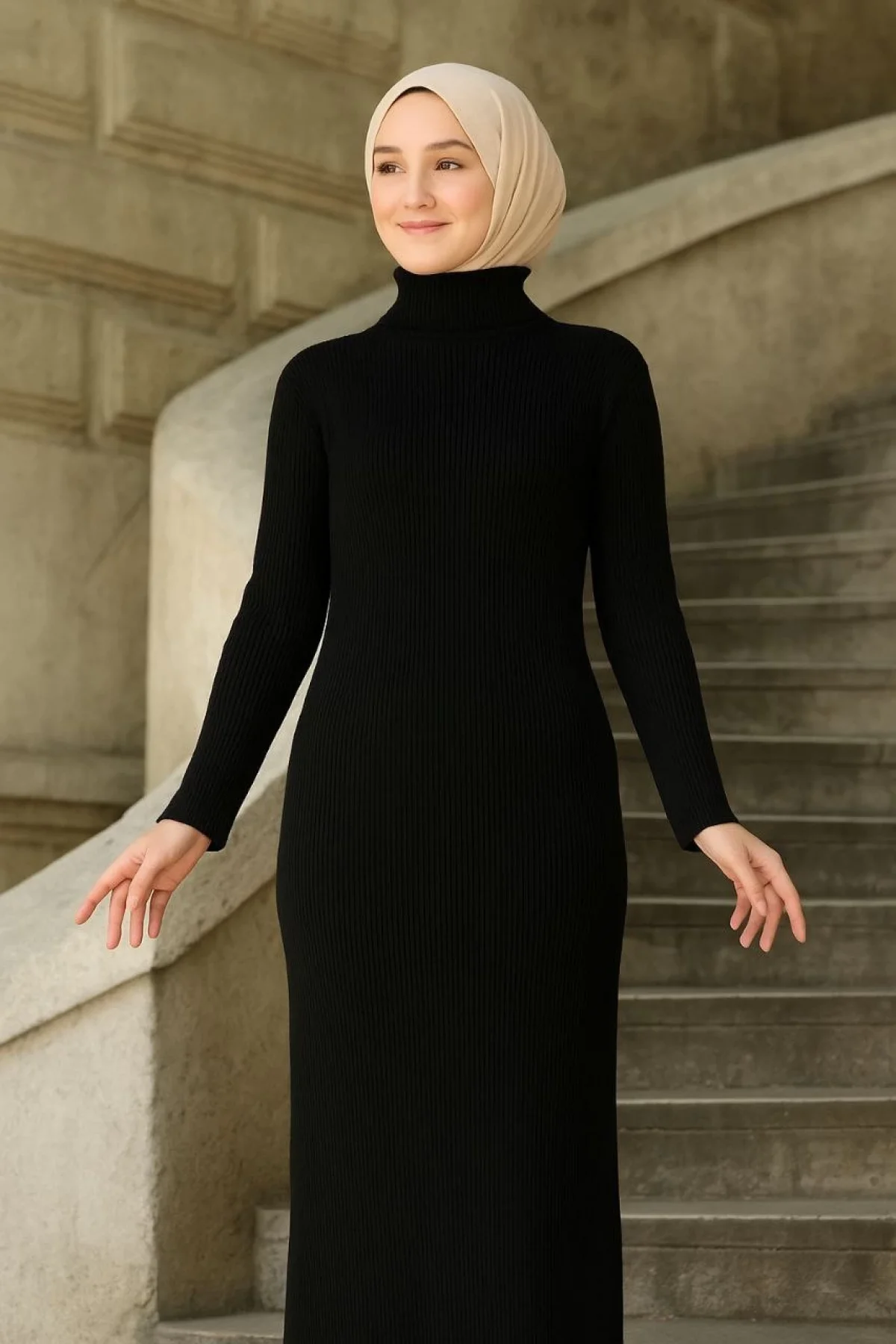 Kadın Tesettür Triko Elbise – Boğazlı Uzun Fitilli Dokuma, Esnek Tam Kalıp, 130 cm Midi Boy, Bahar & Kış Şık Rahat Stil - Siyah