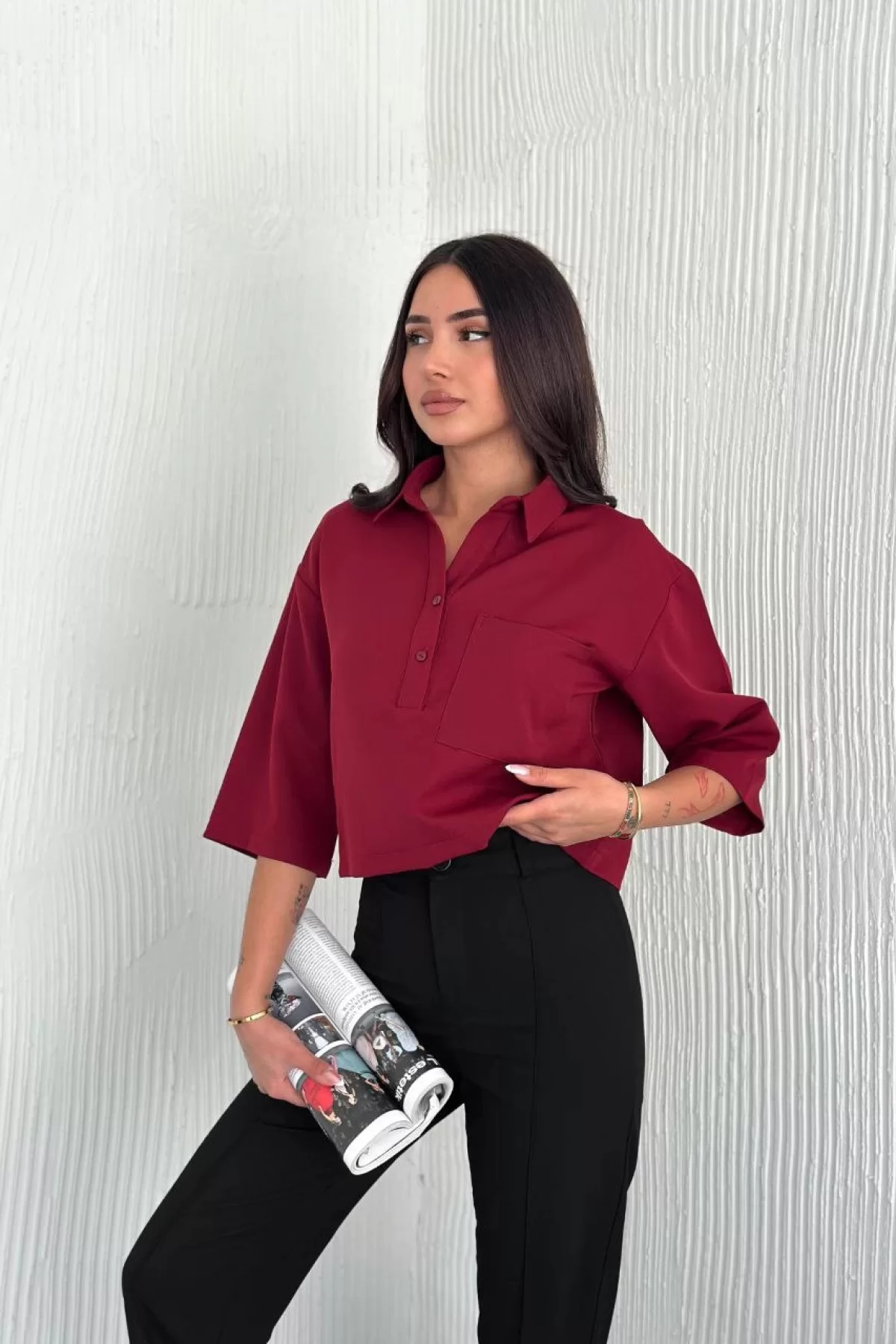 Kadın Crop Yakalı Gömlek Üç Çeyrek Sleeve Kol - Bordo