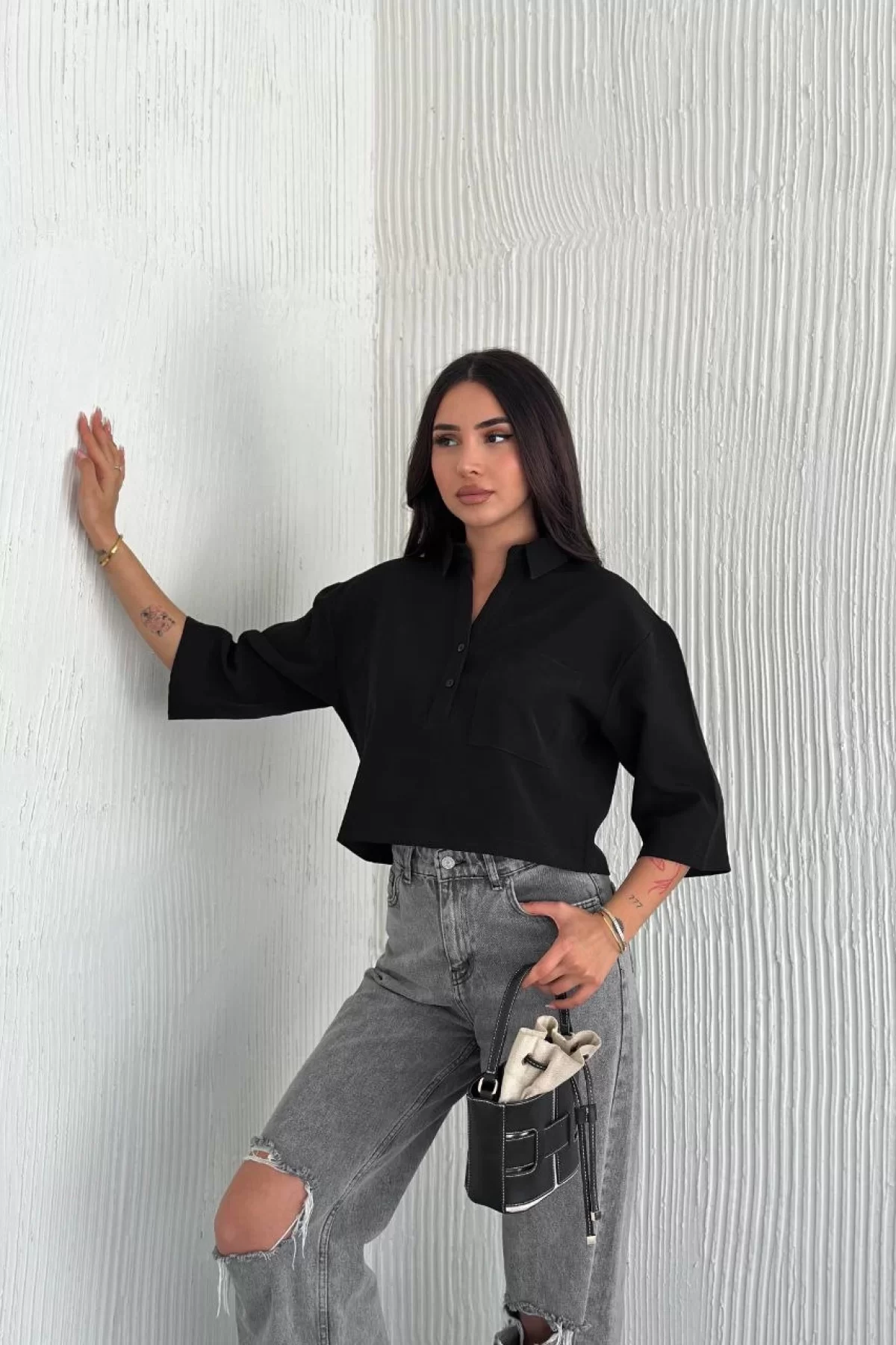 Kadın Crop Yakalı Gömlek Üç Çeyrek Sleeve Kol - Siyah