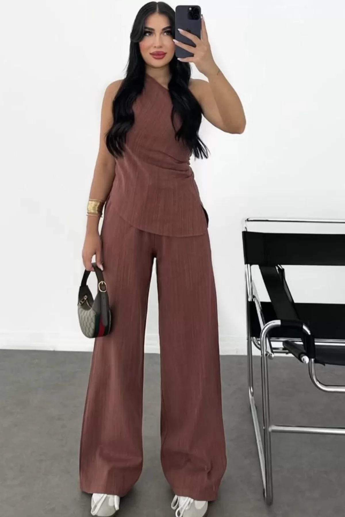 Kadın Keten Asimetrik Tek Omuzlu Bluz Pantalon Takım- Bordo
